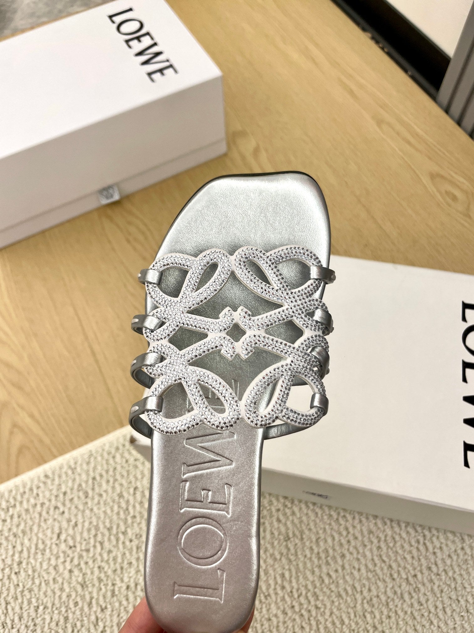 Loewe Petal Anagram Rhinestone Slides Sliver Leather 723138