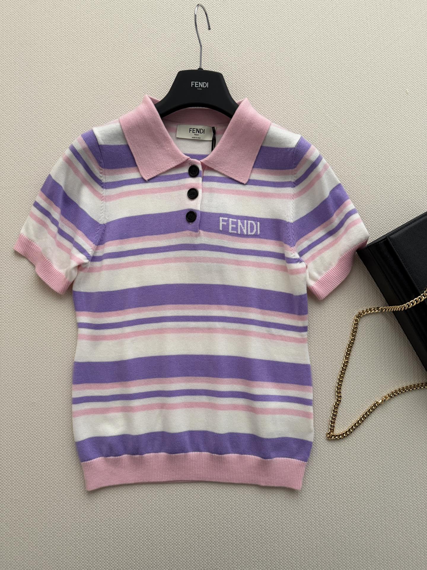 Fendi 26s Striped Polo Shirt Pink Purple Knit 363765