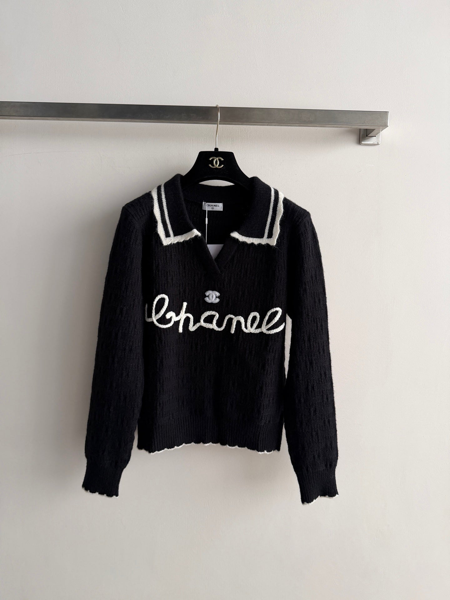 CC 26s Polo Knit Top Black Wool 417720