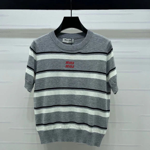Miumiu 2026 Crew Neck Striped Short-sleeved Knit Top Gray Cotton 352436