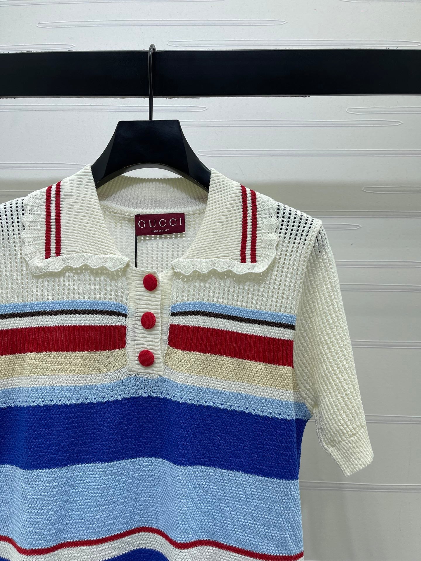 GG 26s Hollow Striped Collared Knit Short Sleeve 406541