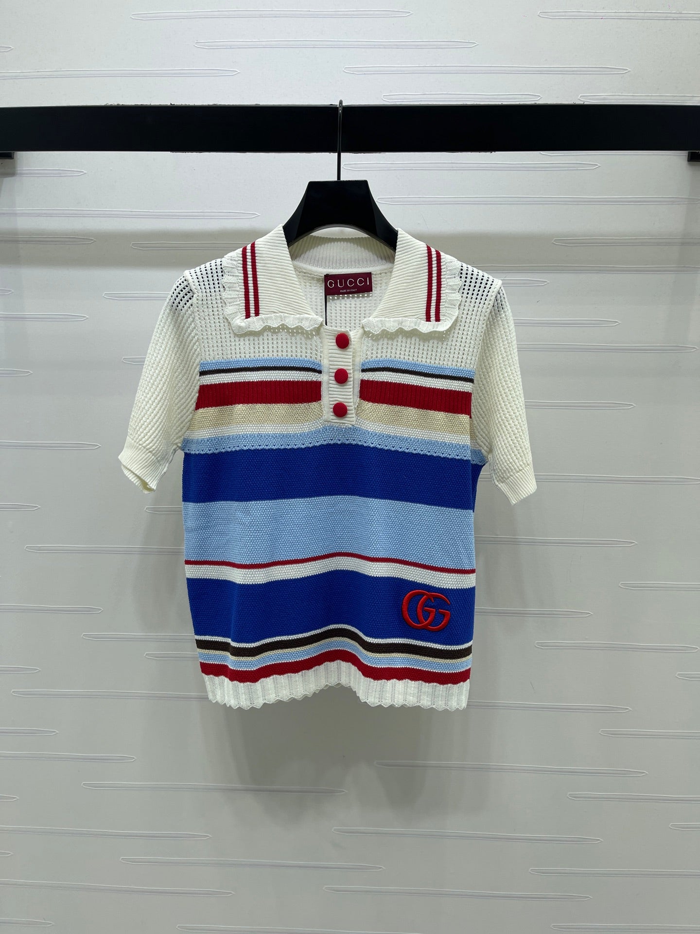 GG 26s Hollow Striped Collared Knit Short Sleeve 406541