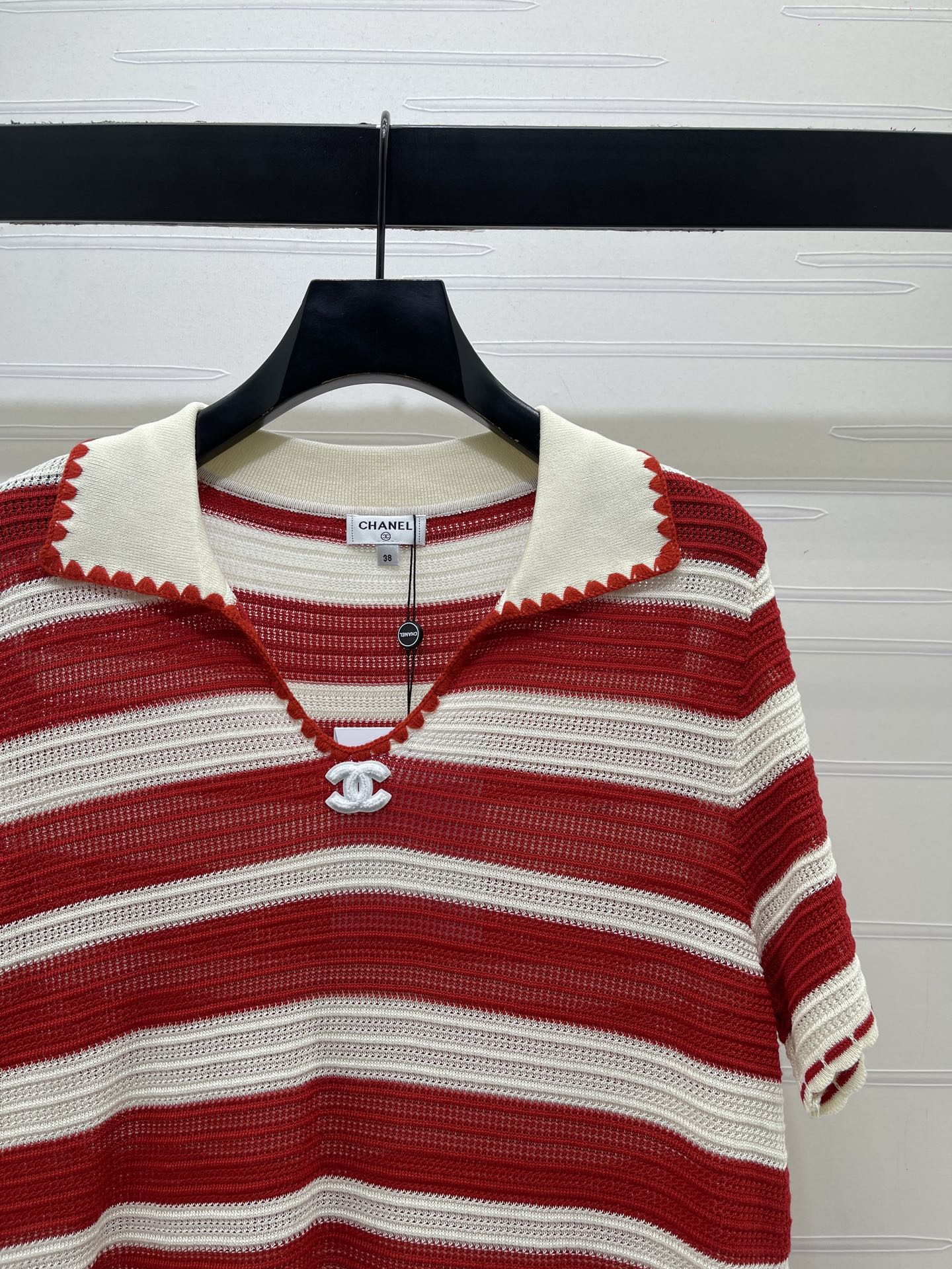 CC 26s Striped Collared Knit Short-Sleeved Top White Red 406562