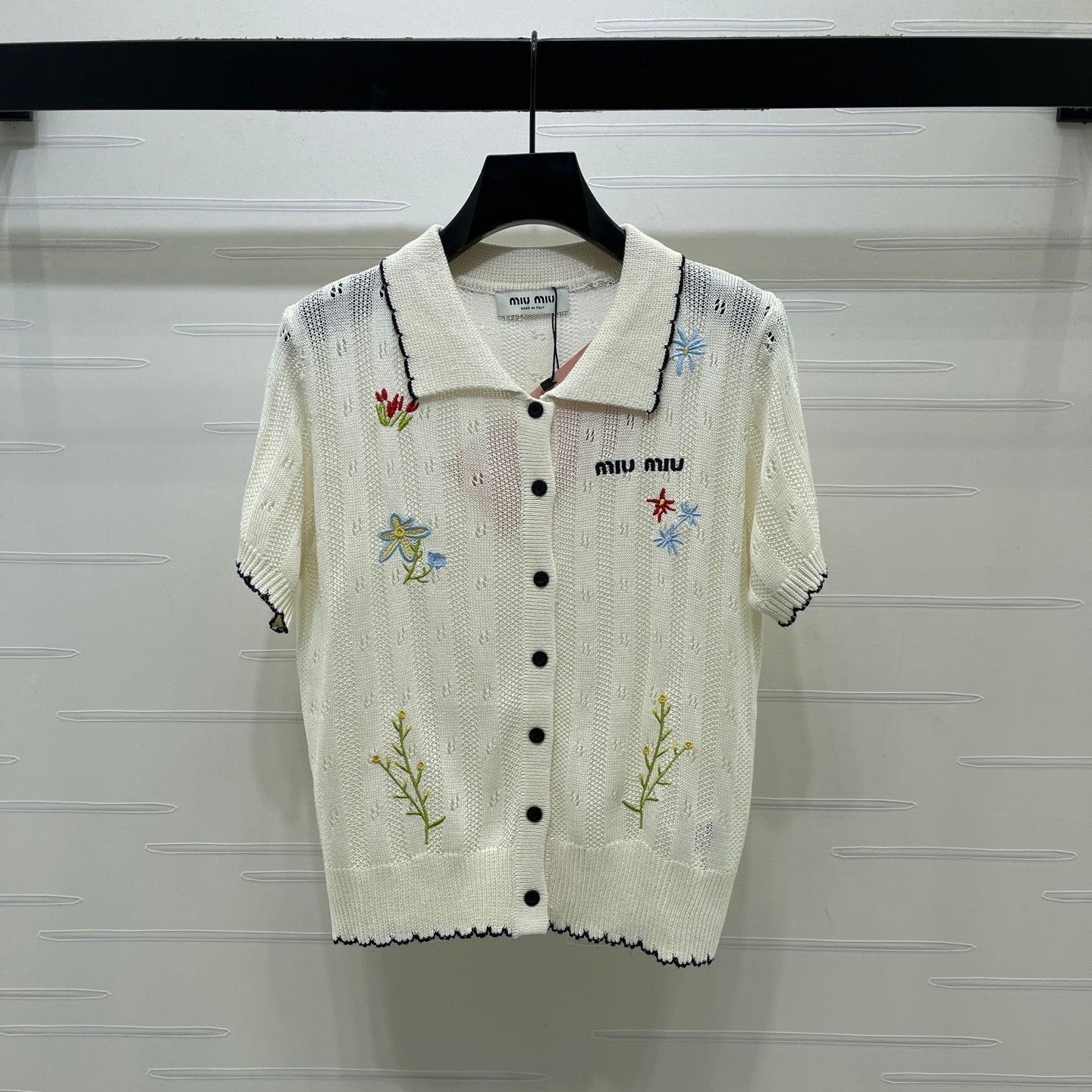 Miu 26s Hollow Striped Collared Knit Short Sleeve White Wool 406537