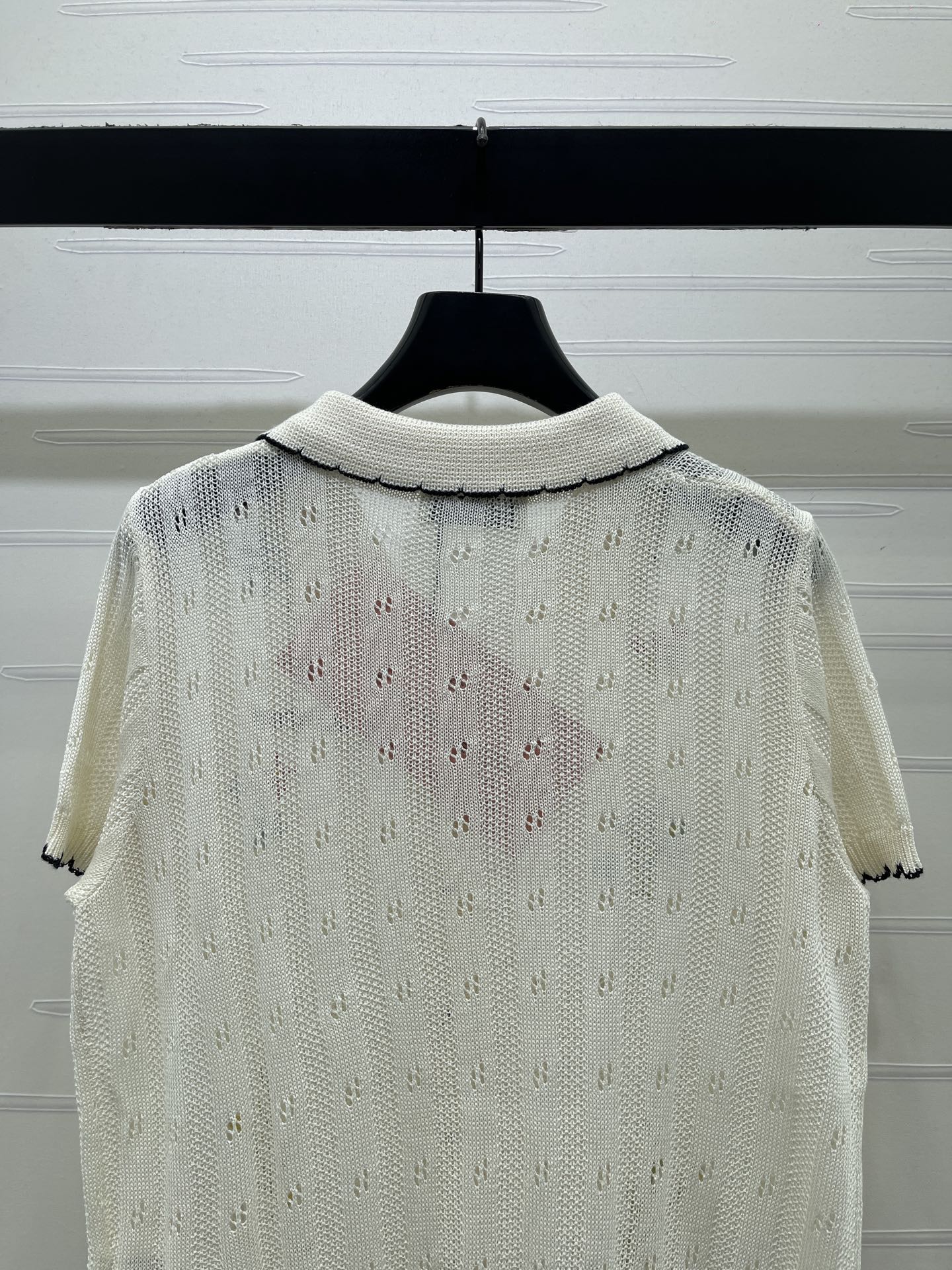 Miu 26s Hollow Striped Collared Knit Short Sleeve White Wool 406537
