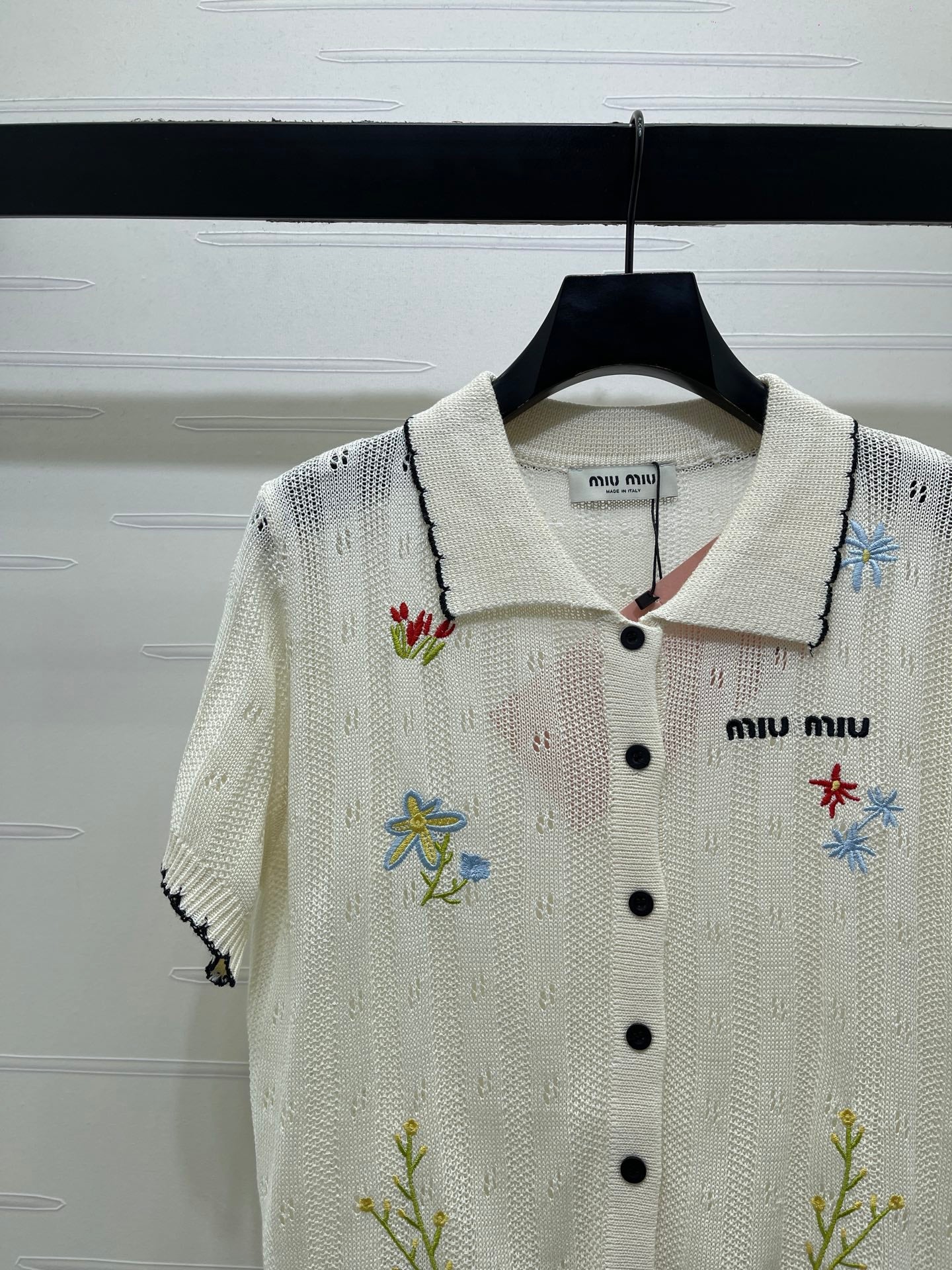 GG 26s Hollow Striped Collared Knit Short Sleeve White Wool 406537