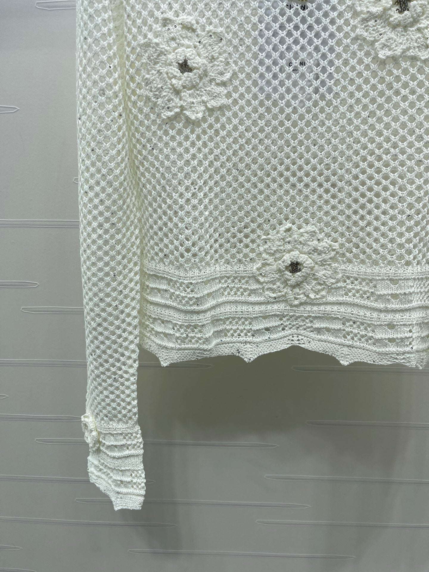 CC 26s Hollow-Out Crochet Knit Long-Sleeved Top White Wool 406545