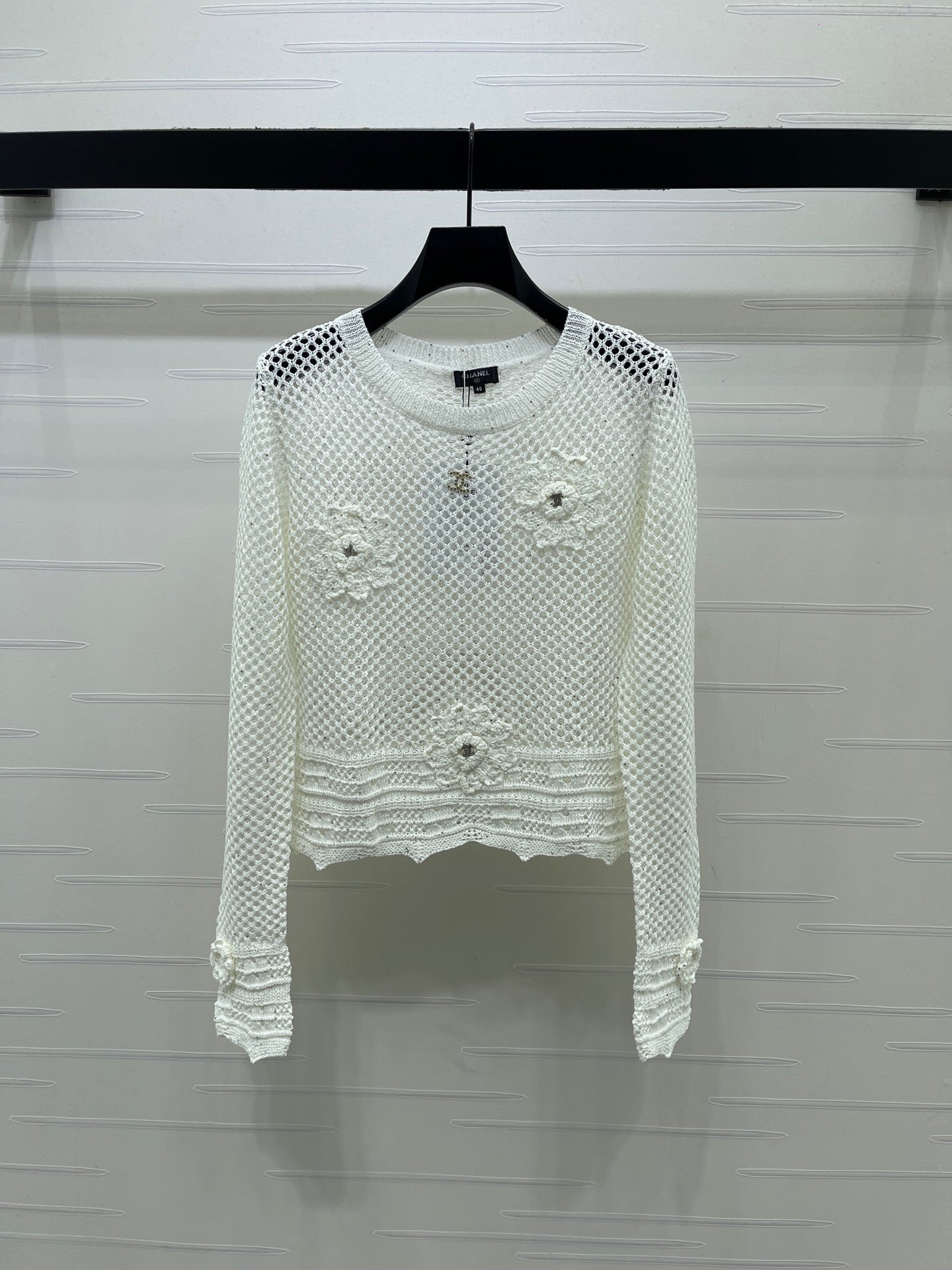CC 26s Hollow-Out Crochet Knit Long-Sleeved Top White Wool 406545