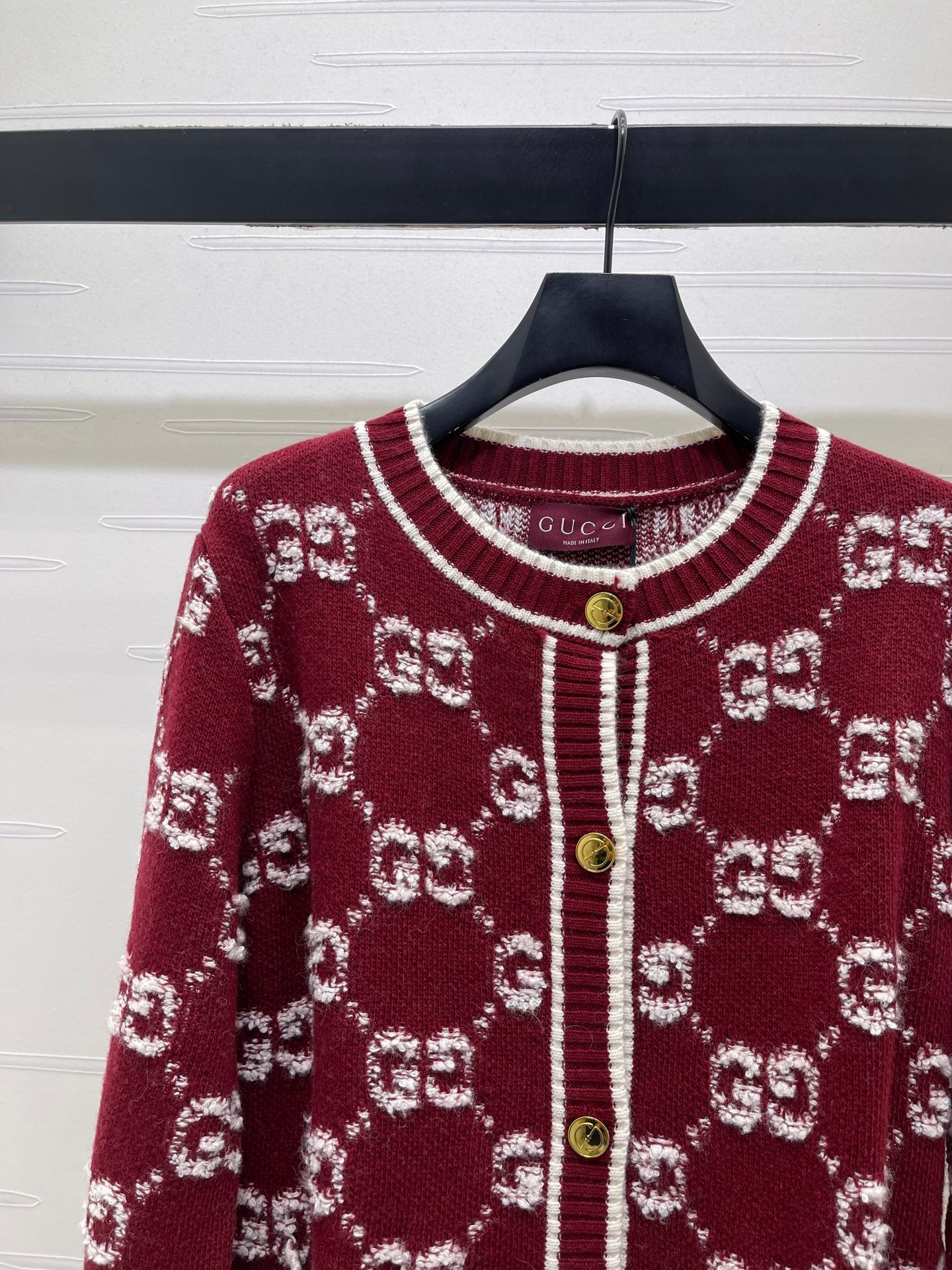 GG Crew Neck Jacquard Knit Cardigan Red Wool 415664