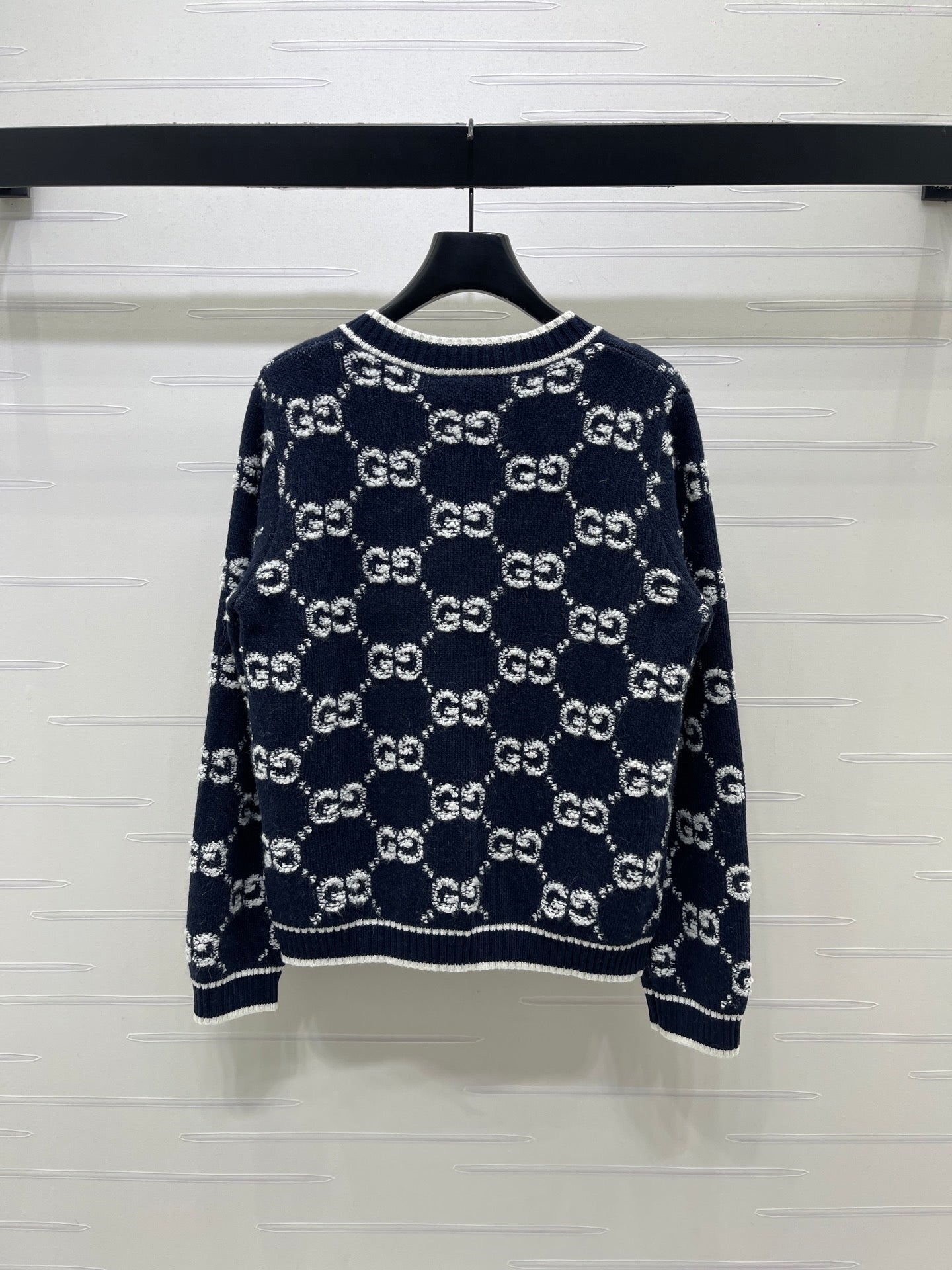 GG Crew Neck Jacquard Knit Cardigan Dark Blue Wool 415662
