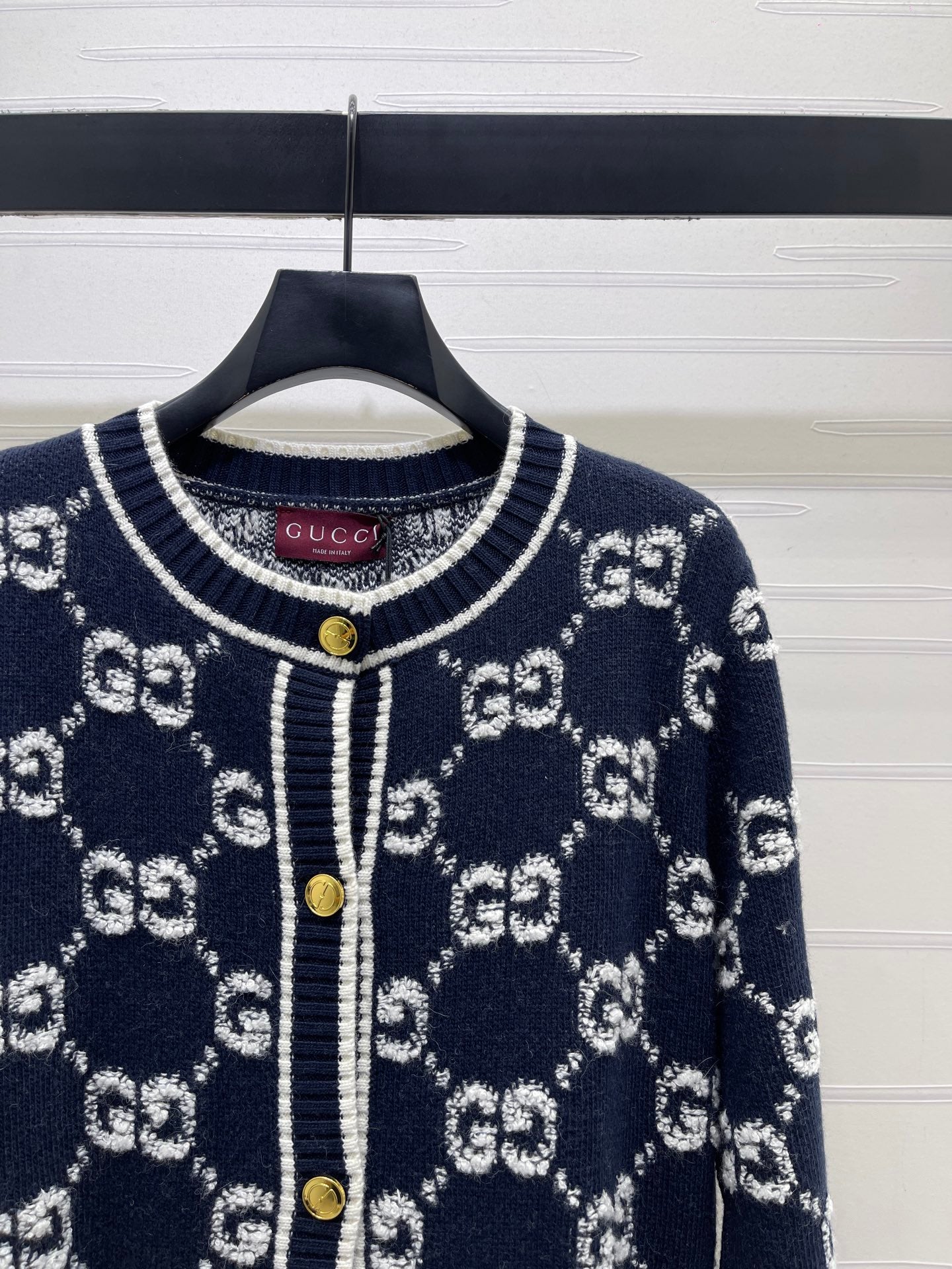 GG Crew Neck Jacquard Knit Cardigan Dark Blue Wool 415662