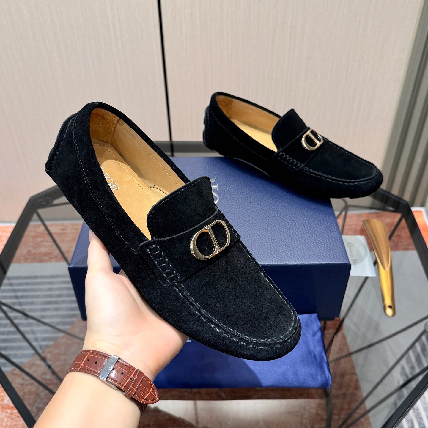 CD Odéon Men’s Loafer Black Gold Suede 664112