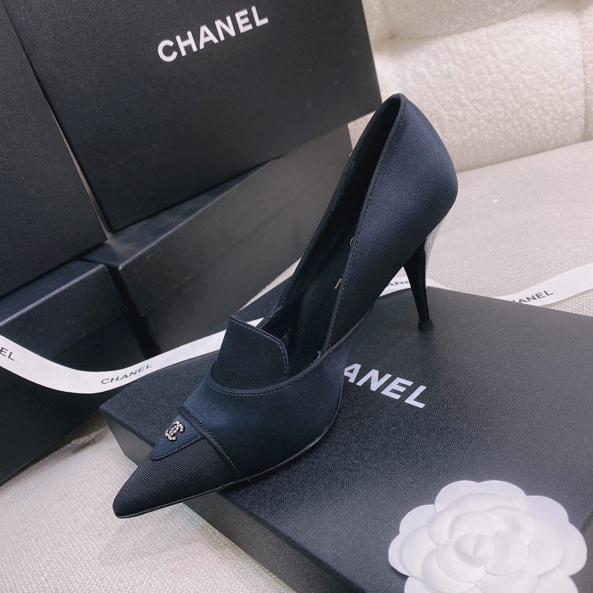 Chanel 26s Pumps Black Grosgrain Satin 156612
