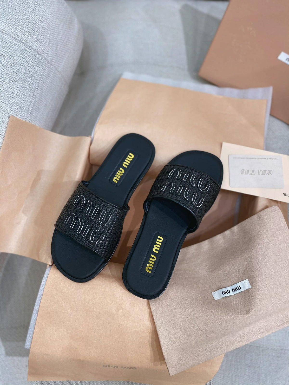 Miu Miu 26s Stuoia Raffia Logo Flat Slide Sandals Black 155455