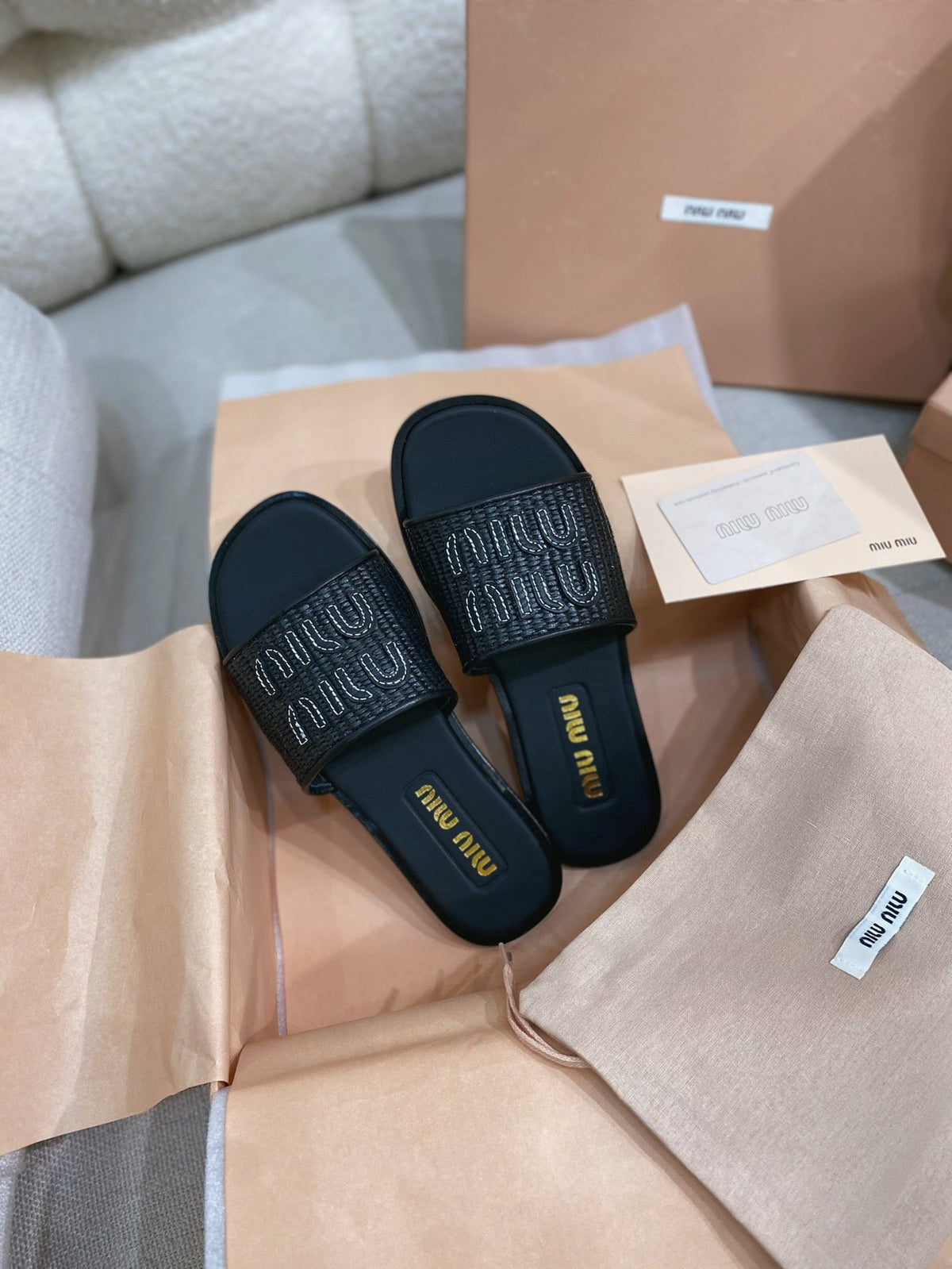 Miu Miu 26s Stuoia Raffia Logo Flat Slide Sandals Black 155455
