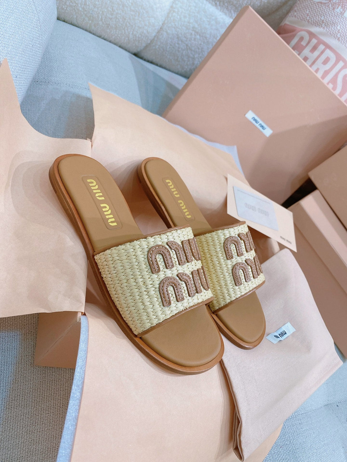 Miu Miu 26s Stuoia Raffia Logo Flat Slide Sandals Beige Brown 155457
