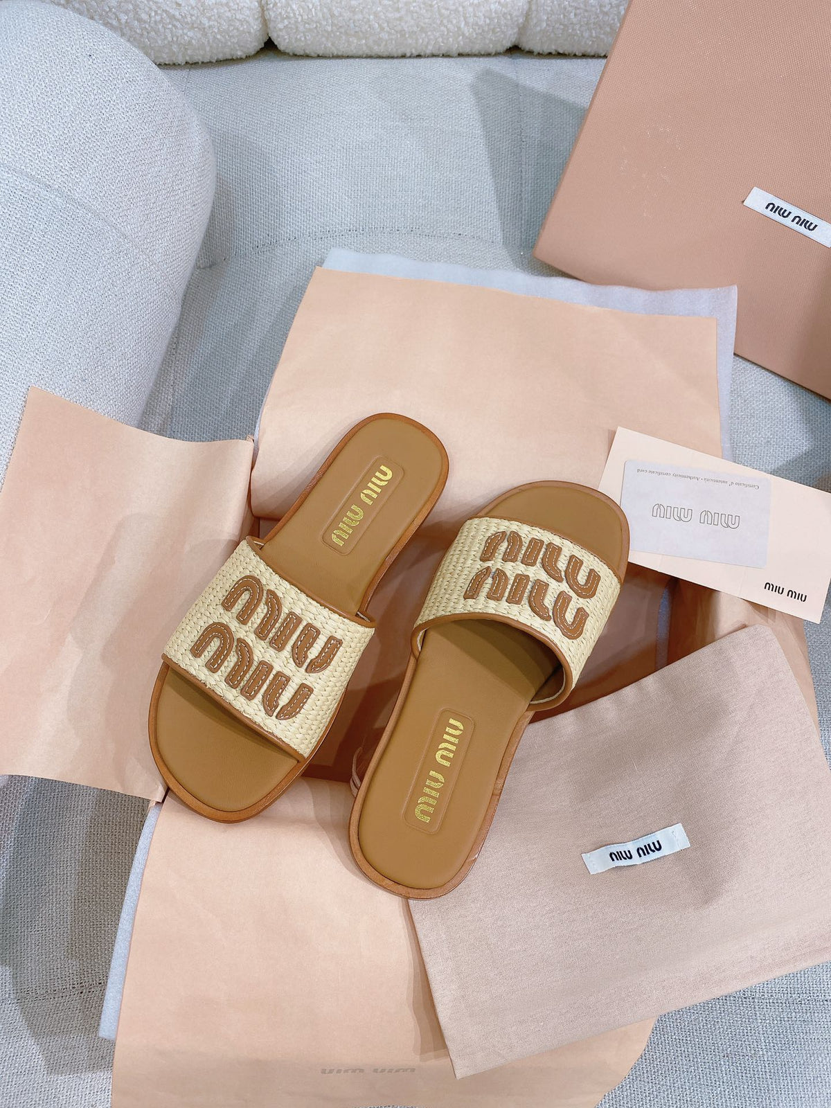 Miu Miu 26s Stuoia Raffia Logo Flat Slide Sandals Beige Brown 155457