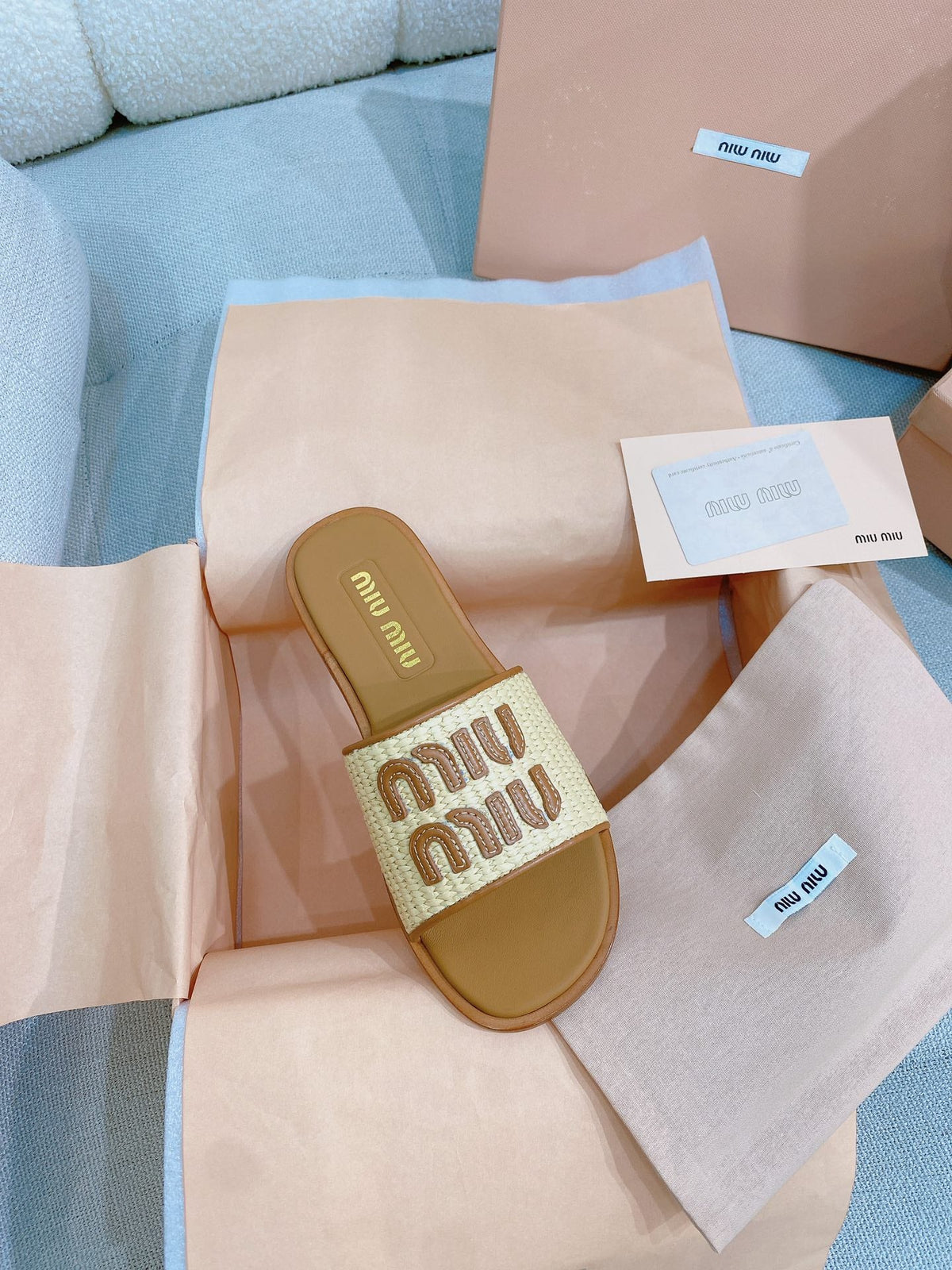 Miu Miu 26s Stuoia Raffia Logo Flat Slide Sandals Beige Brown 155457