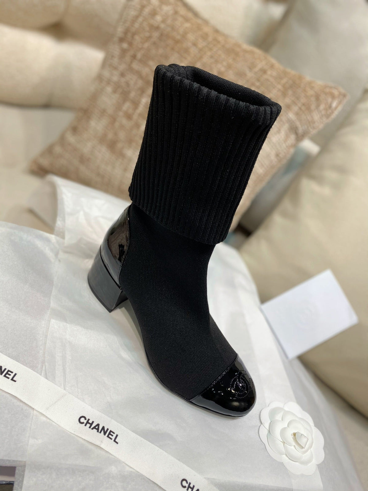Chanel 26s Sock Boots 5.5cm Black Knit Patent Leather 156617