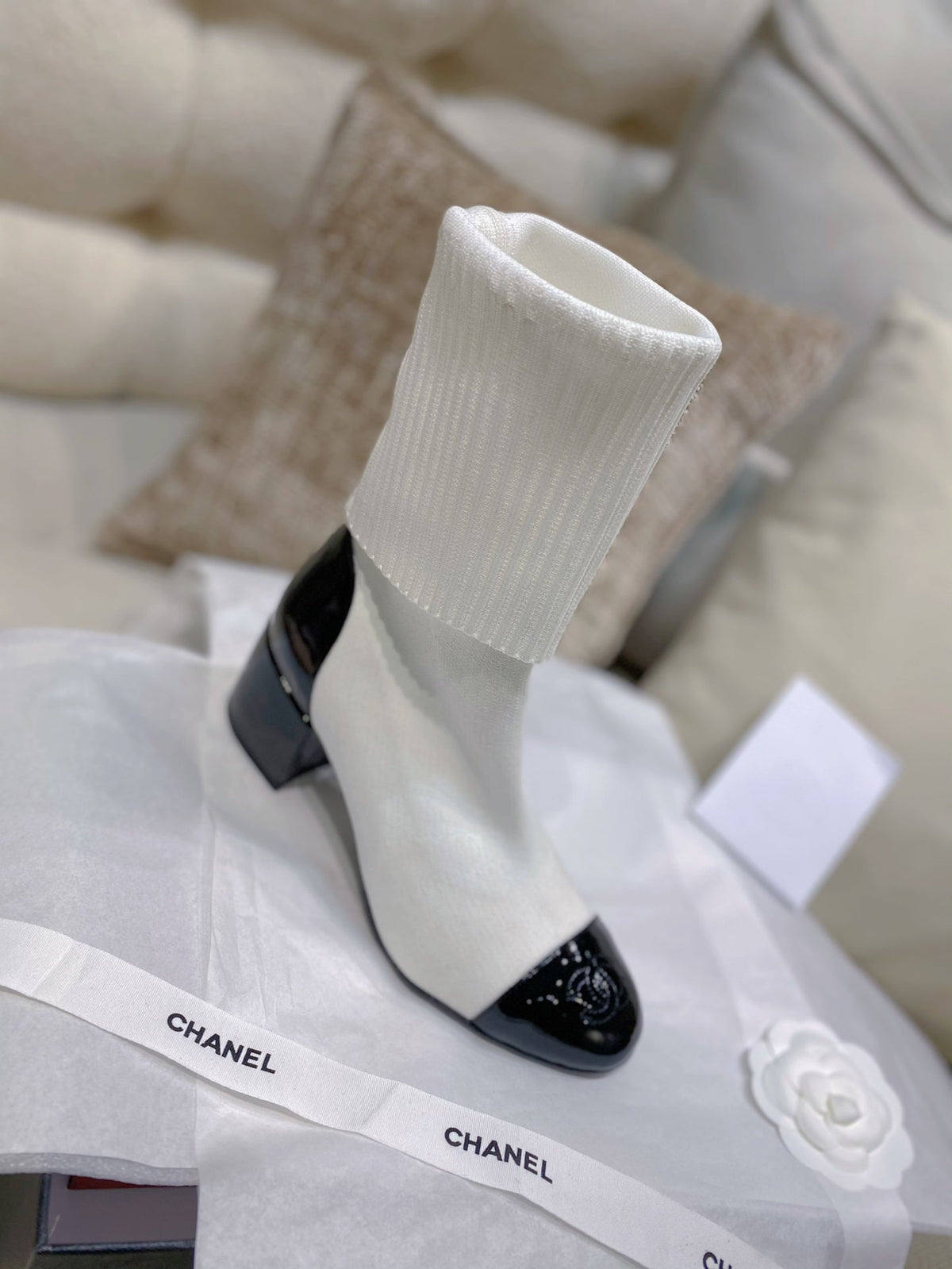 Chanel 26s Sock Boots 5.5cm White Black Knit Patent Leather 156618