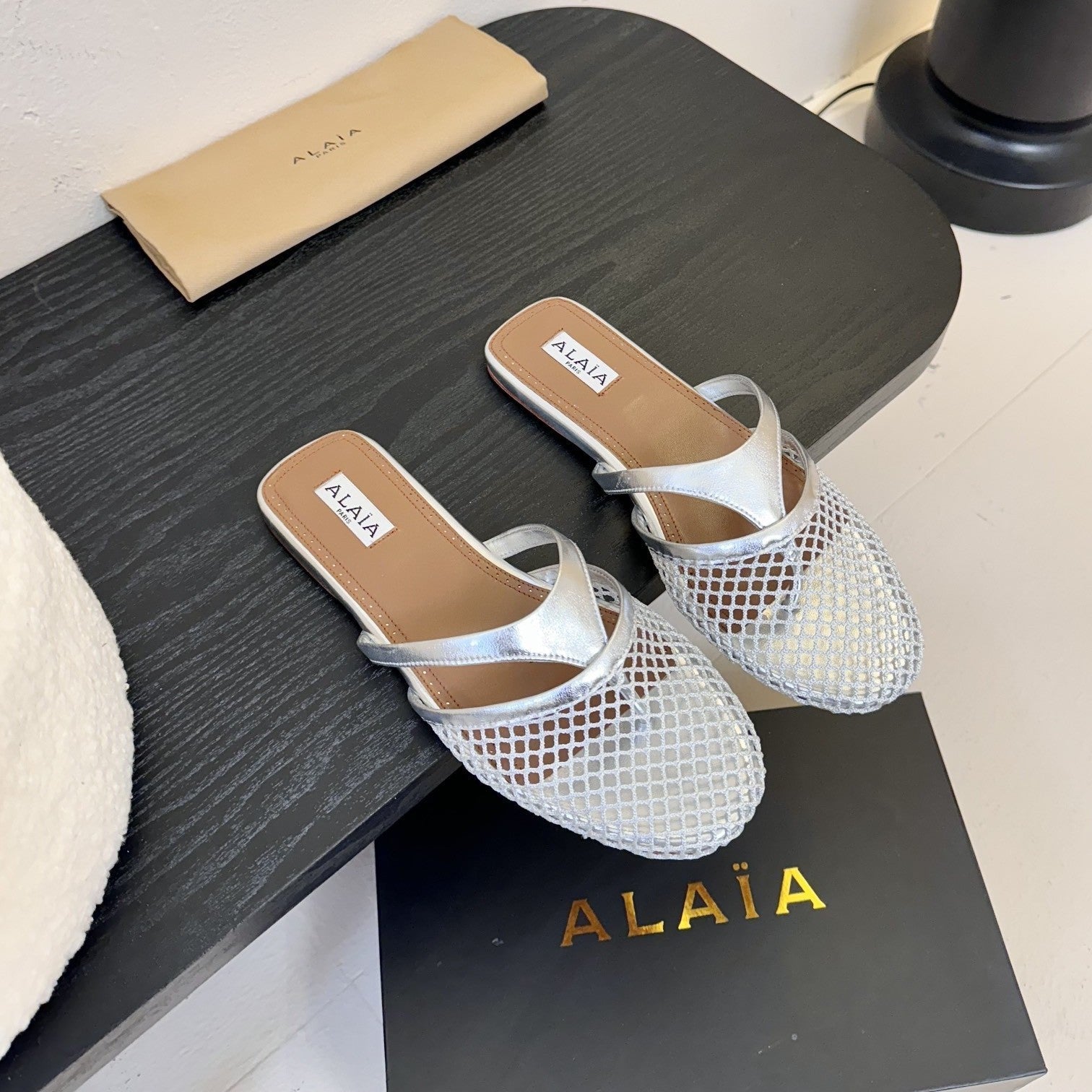 Alaia Fishnet Mule Silver Metallic Leather 235514