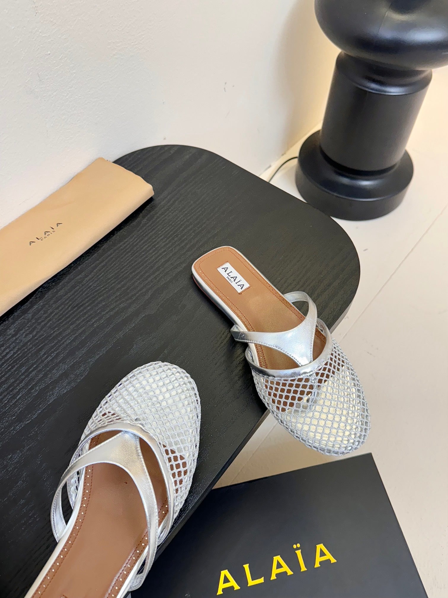 Alaia Fishnet Mule Silver Metallic Leather 235514
