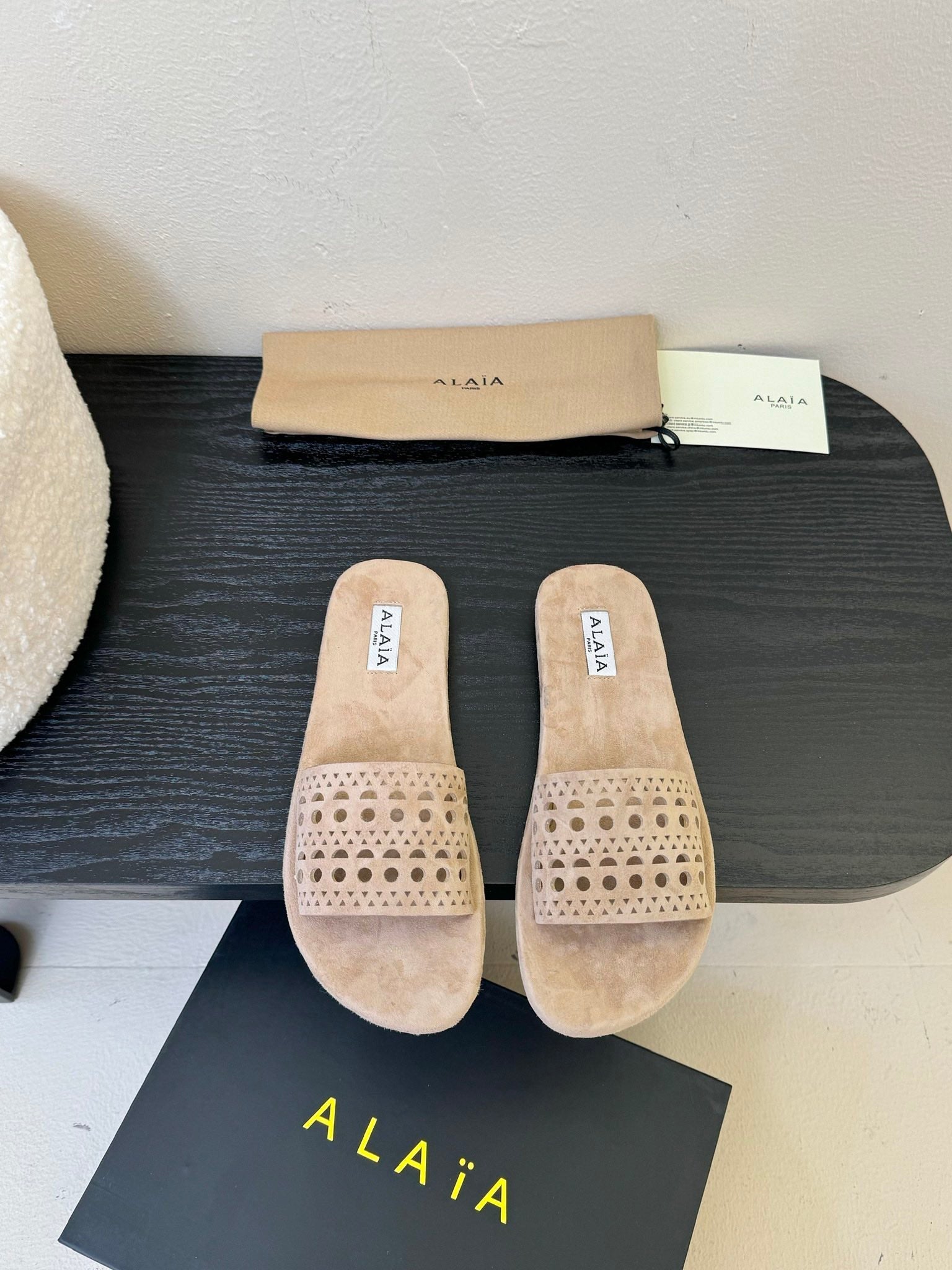 Alaia women laser-cut beige suede leather slide 235541
