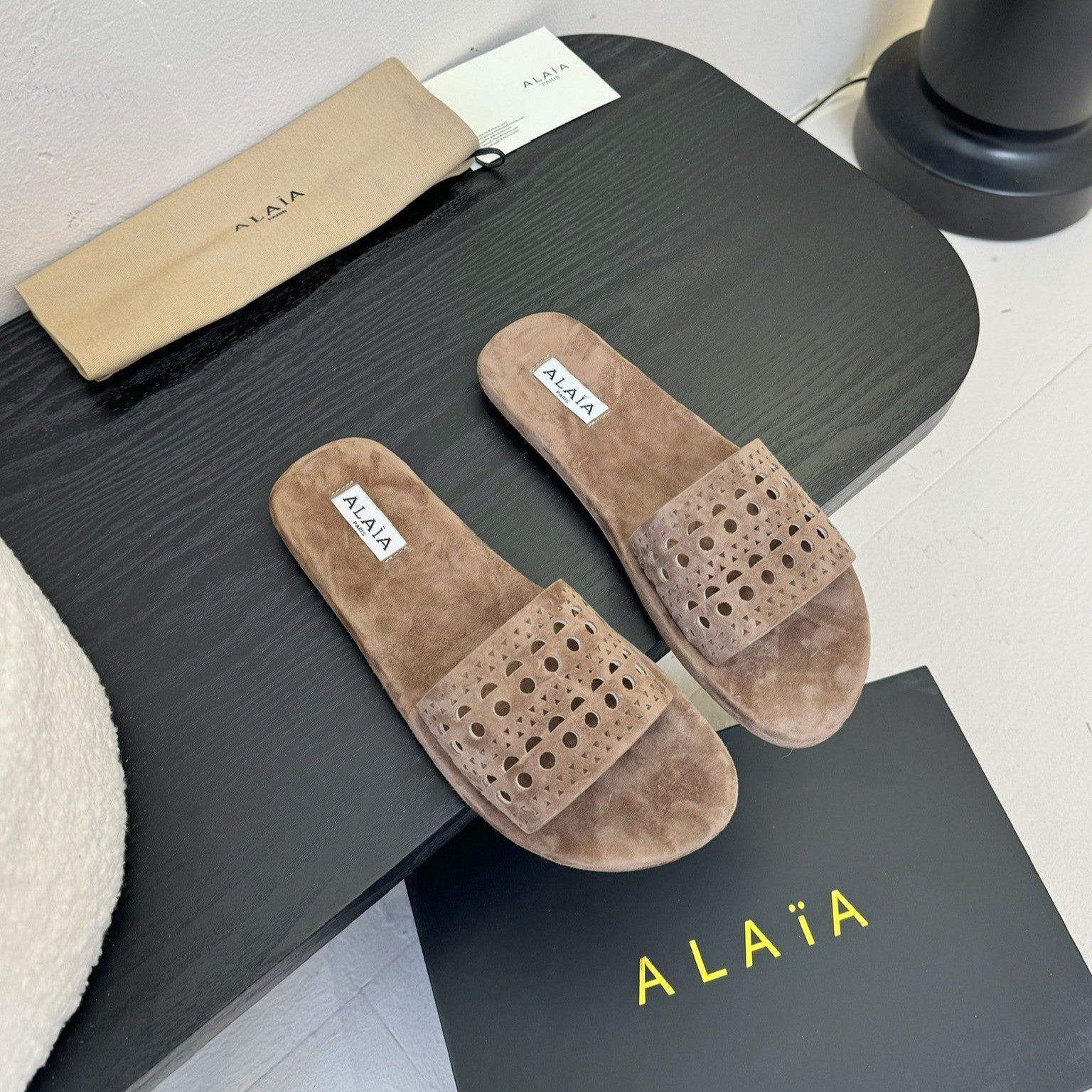 Alaia women laser-cut brown suede leather slide 235542