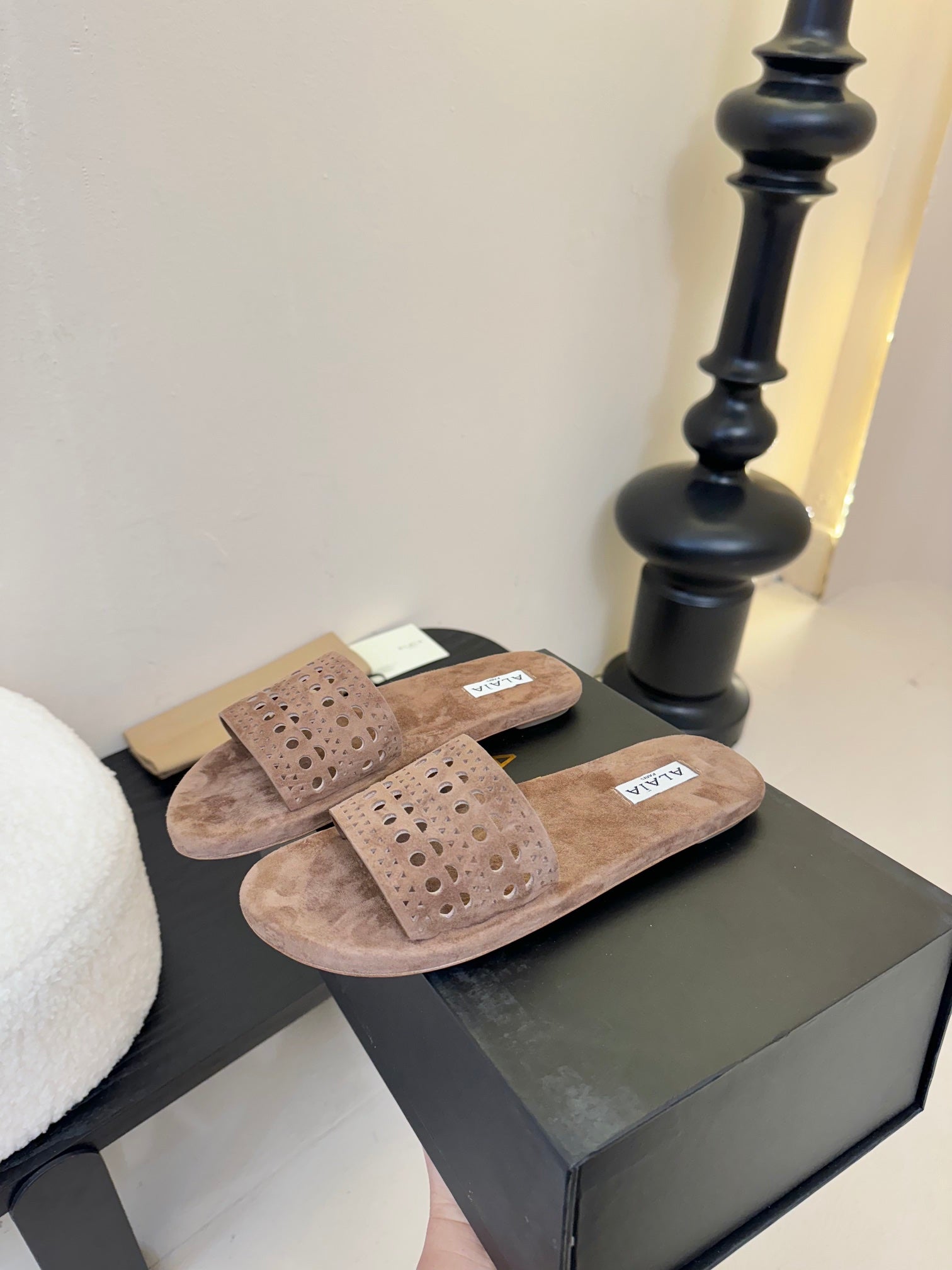 Alaia women laser-cut brown suede leather slide 235542