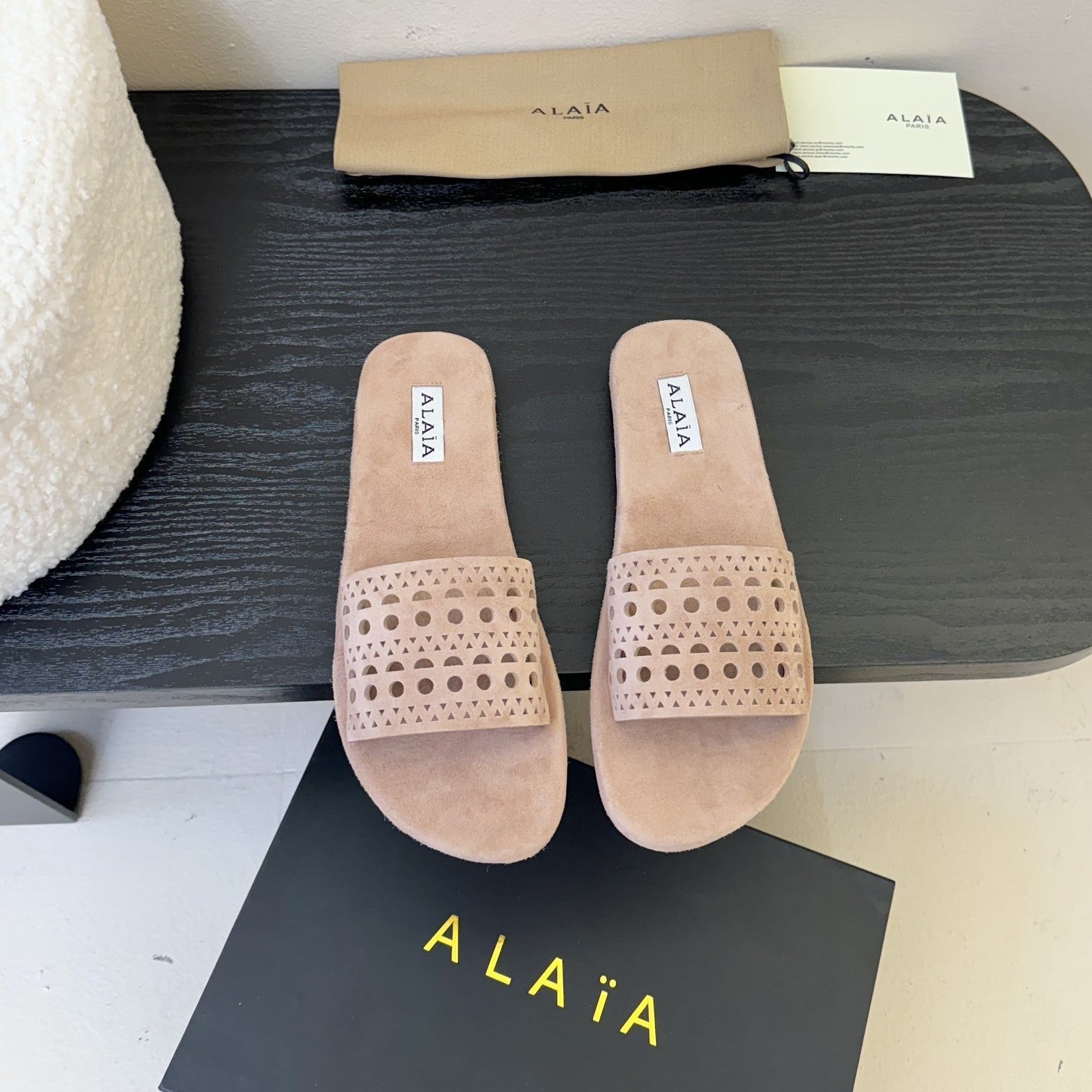 Alaia women laser-cut peach suede leather slide 235543