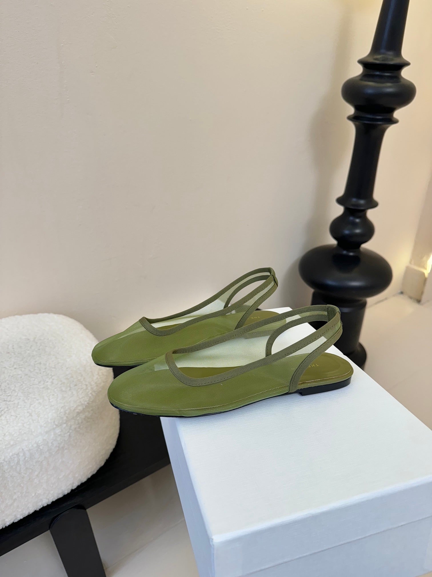 The Row Slingback Flat 10mm Green Mesh And Sheepskin 334167