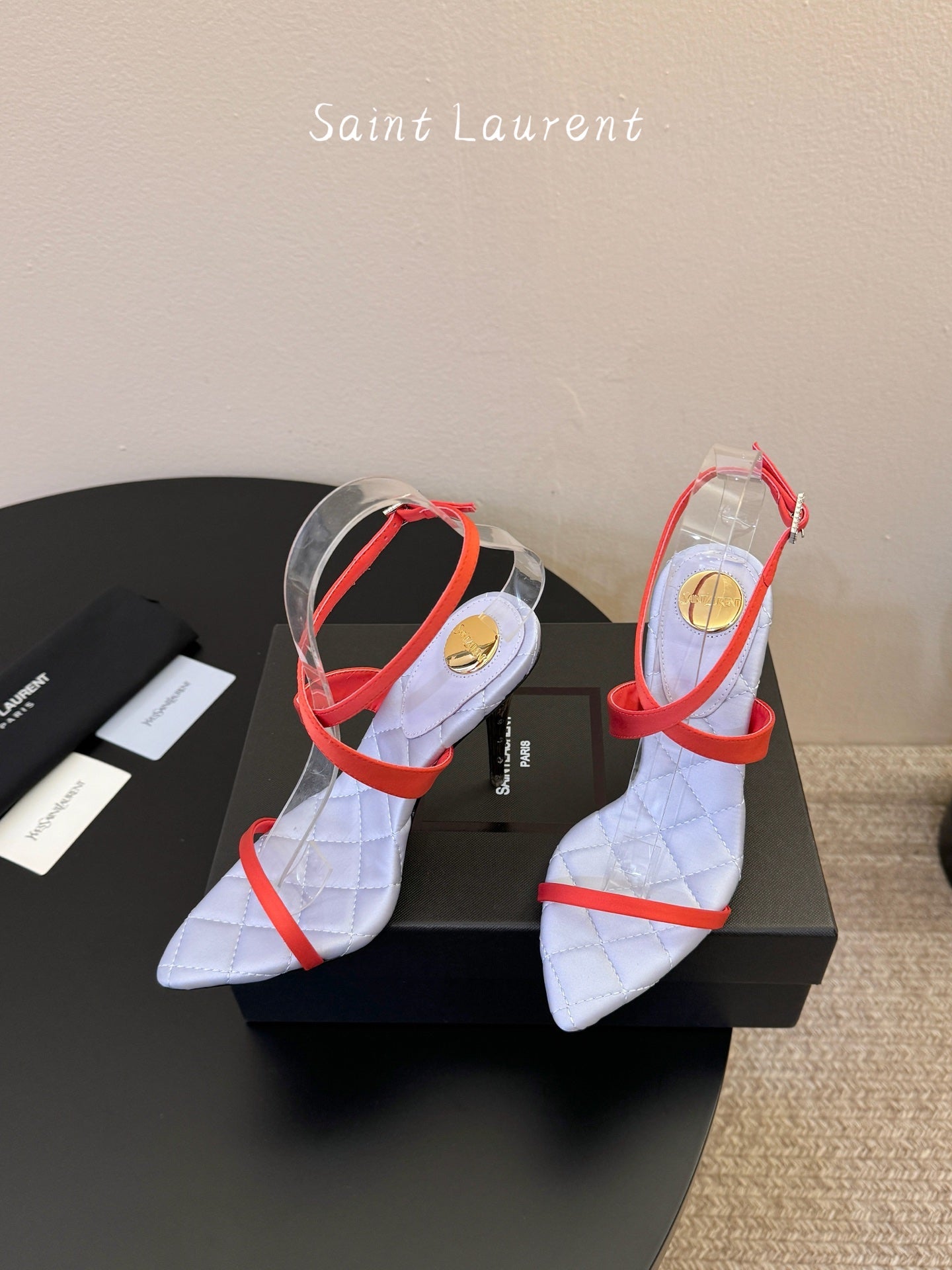 YSL Ivresse Sandals 11cm Blue Red Satin 934323