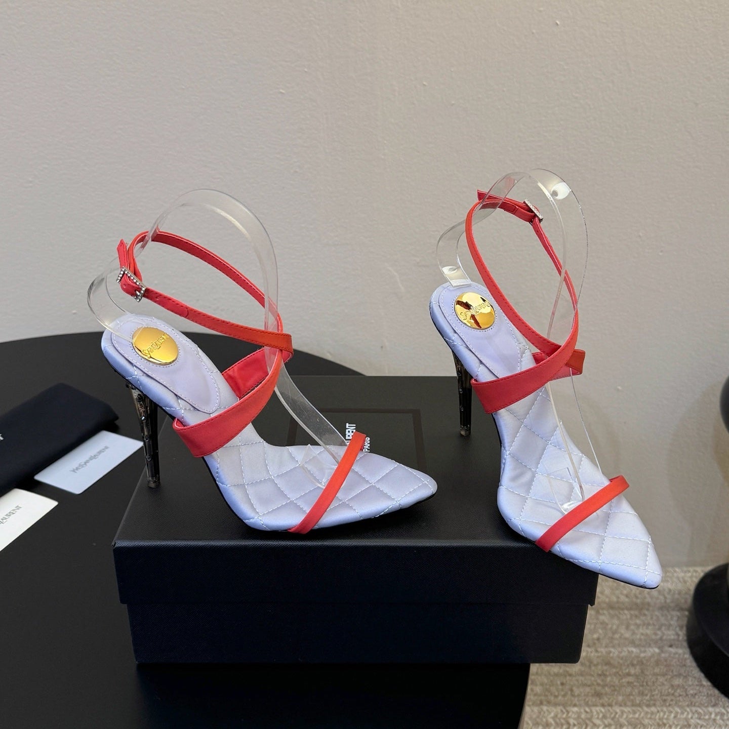 YSL Ivresse Sandals 11cm Blue Red Satin 934323