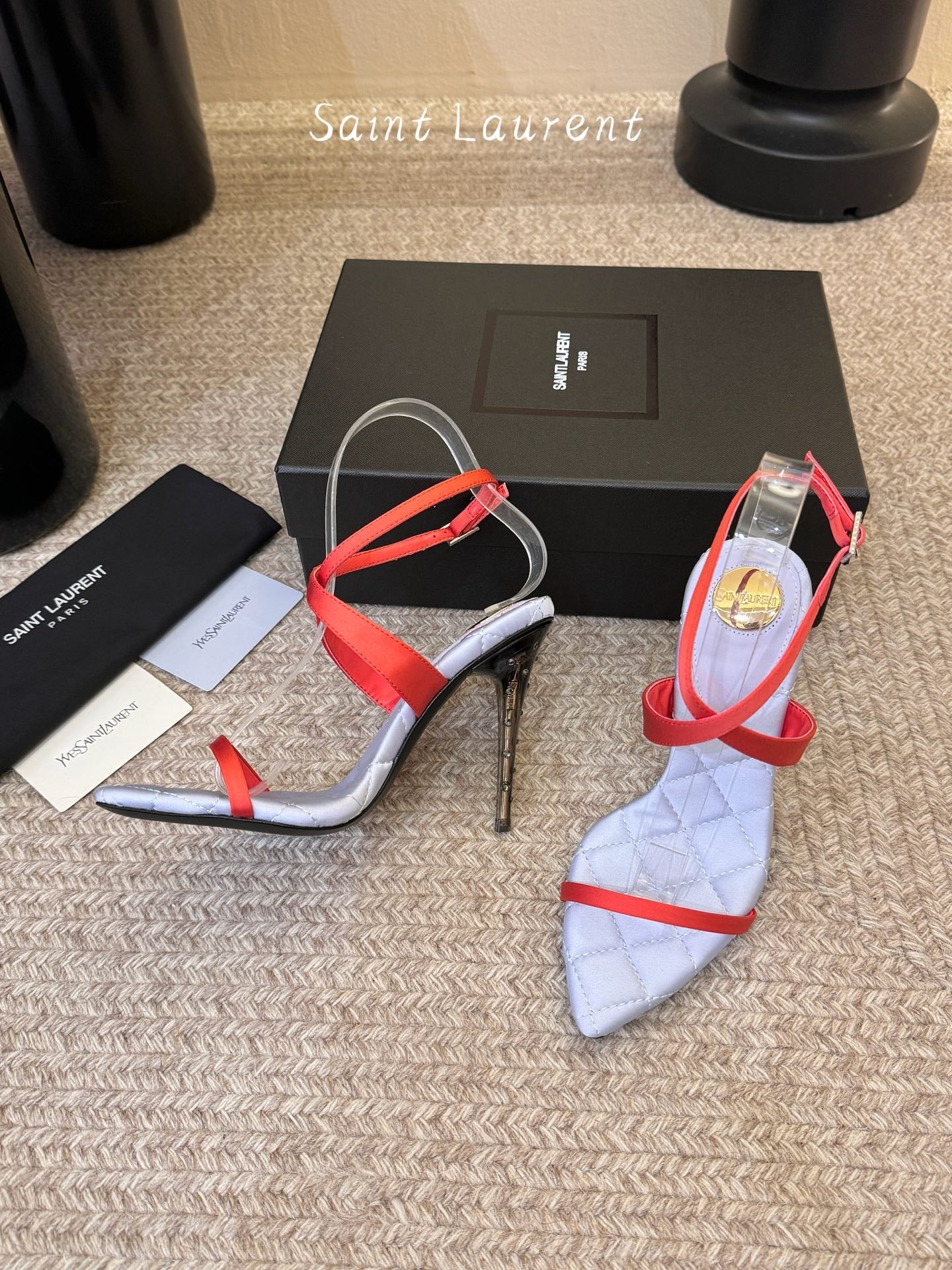 YSL Ivresse Sandals 11cm Blue Red Satin 934323