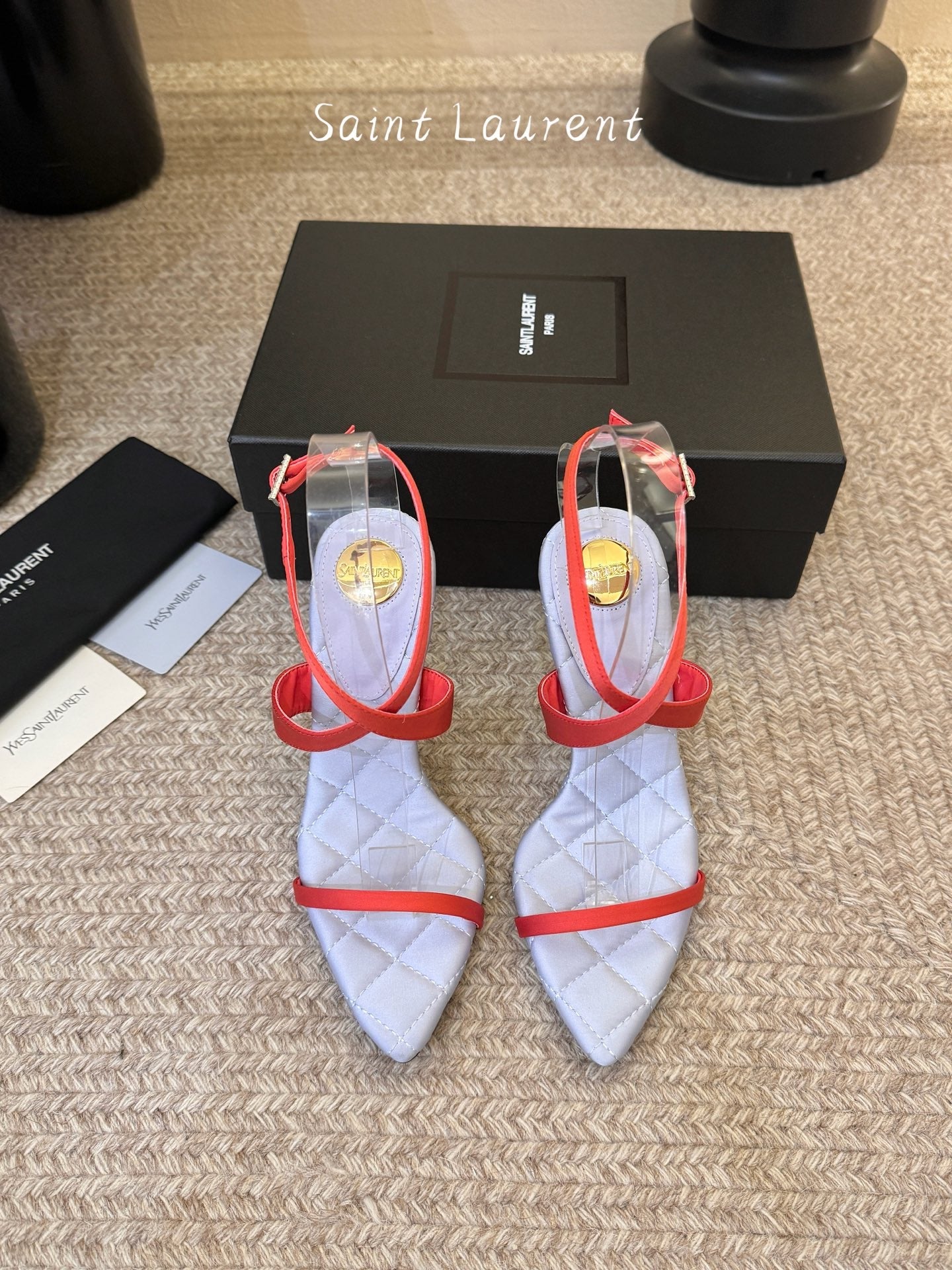 YSL Ivresse Sandals 11cm Blue Red Satin 934323