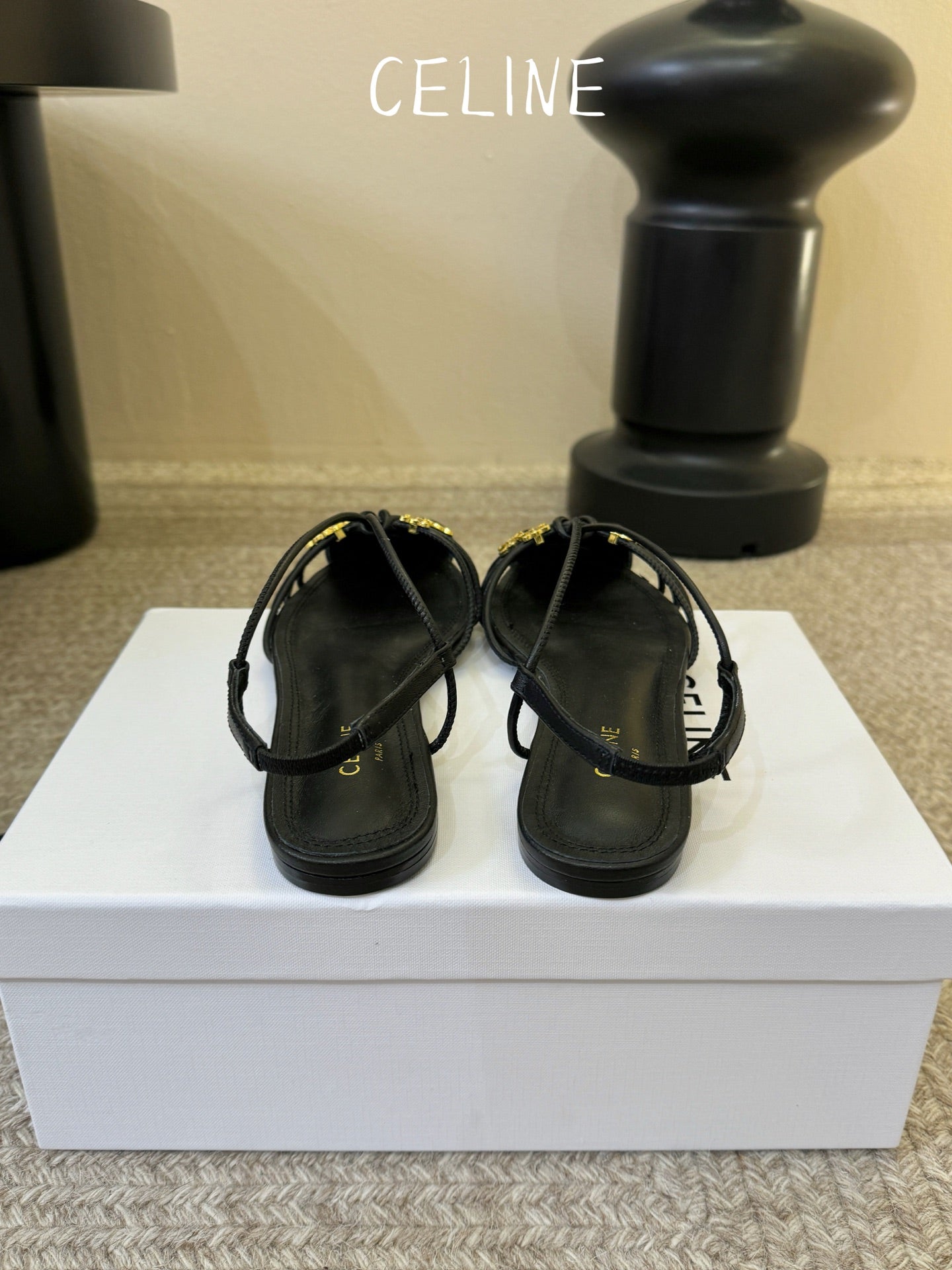 Celine Triomphe Strappy Flat Sandals Black Lambskin 934171