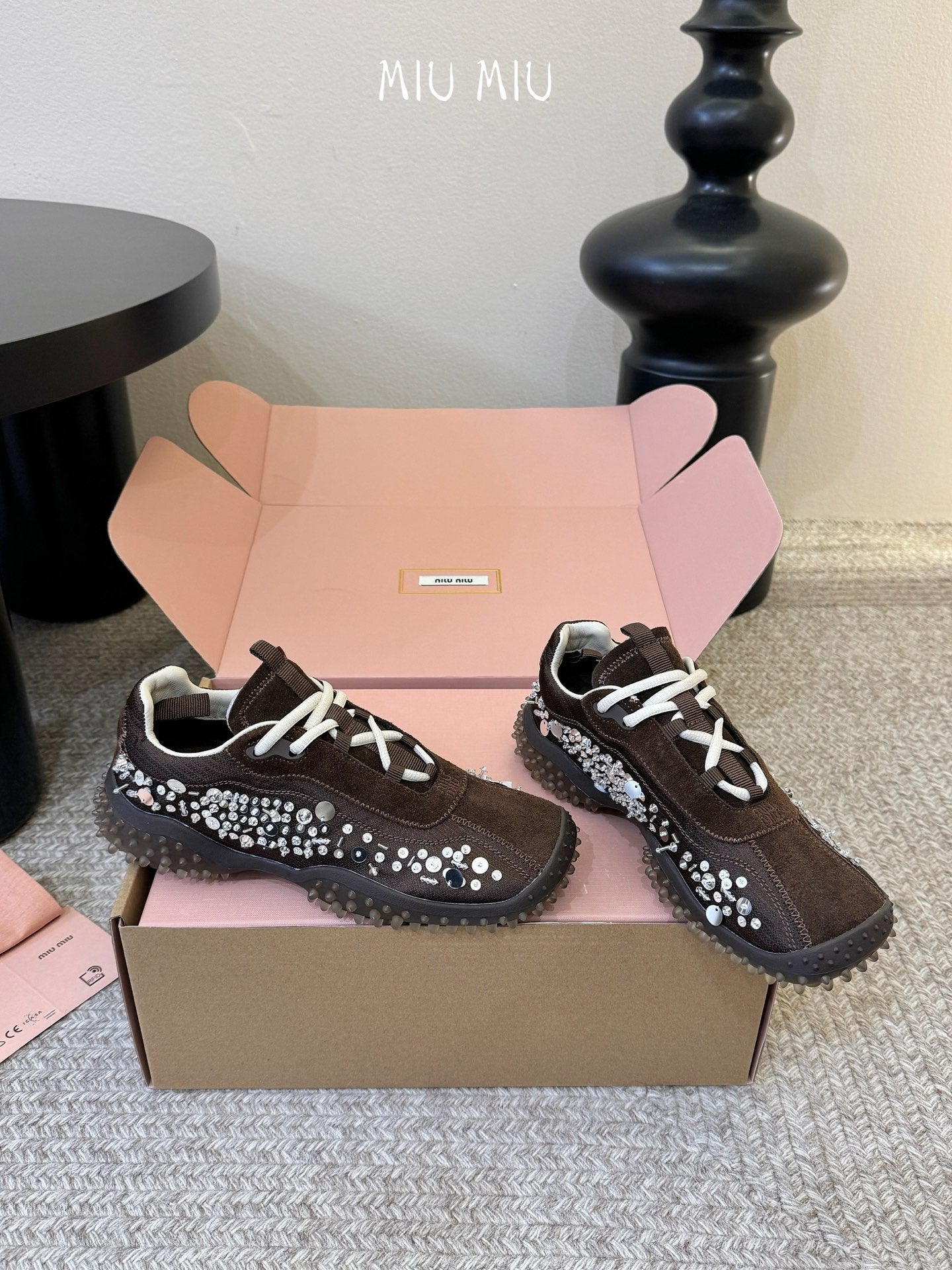 Miu 26s Square Toe Casual Sneakers Coffee Suede 890986