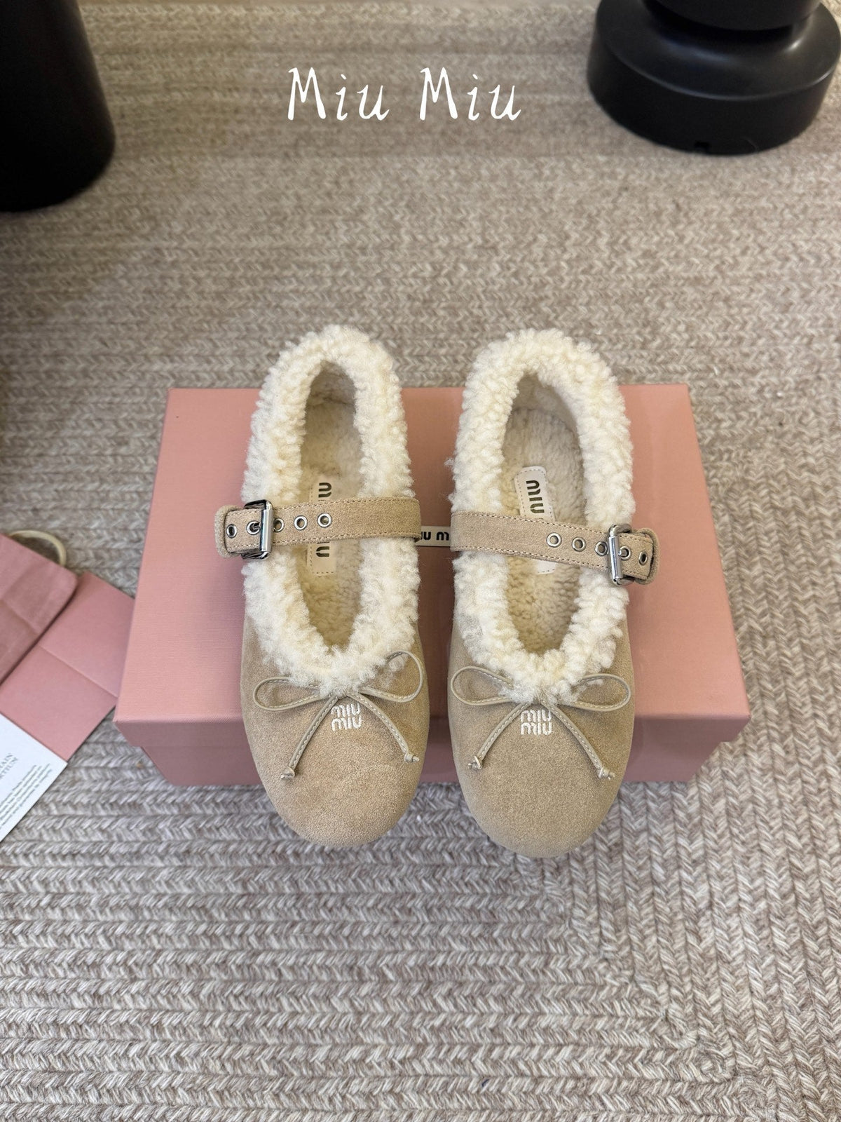 Miumiu 26s Shearling-Lined Mary Jane In Beige Suede