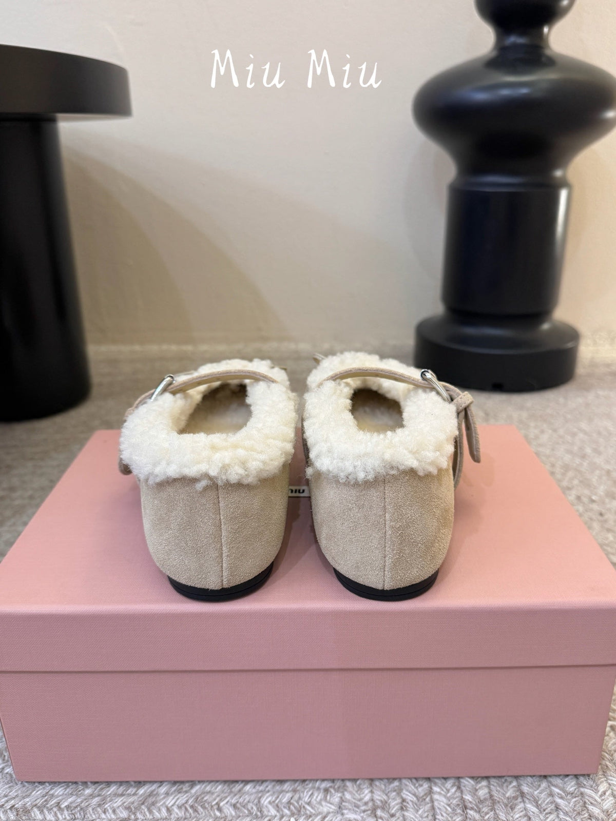 Miumiu 26s Shearling-Lined Mary Jane In Beige Suede