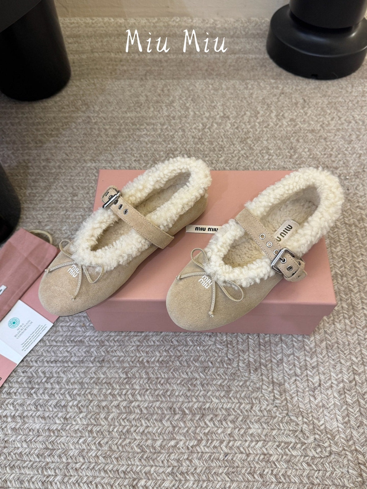 Miumiu 26s Shearling-Lined Mary Jane In Beige Suede