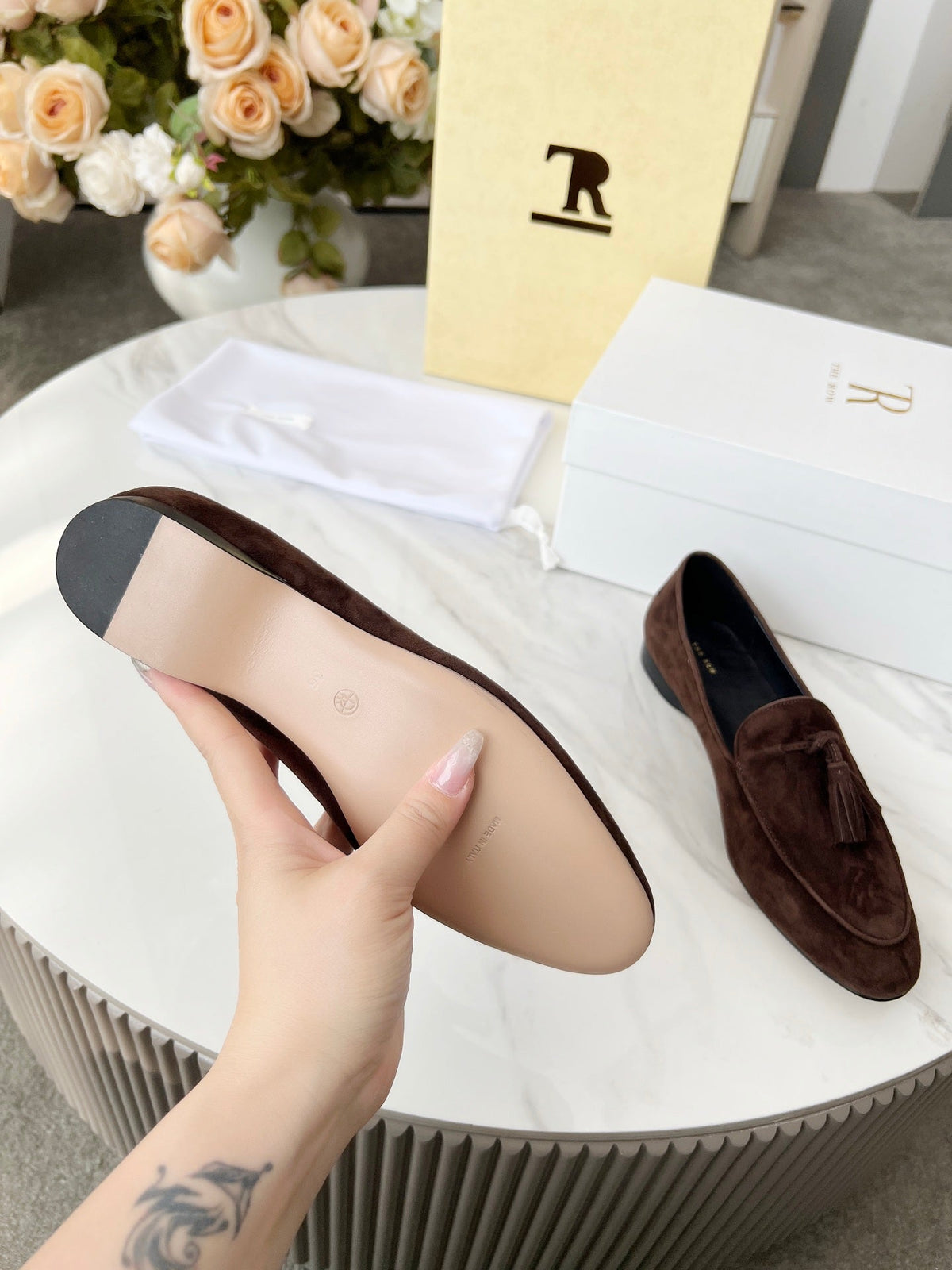 The Row 26s Tassel Loafer Flat Dark Brown Suede 146475