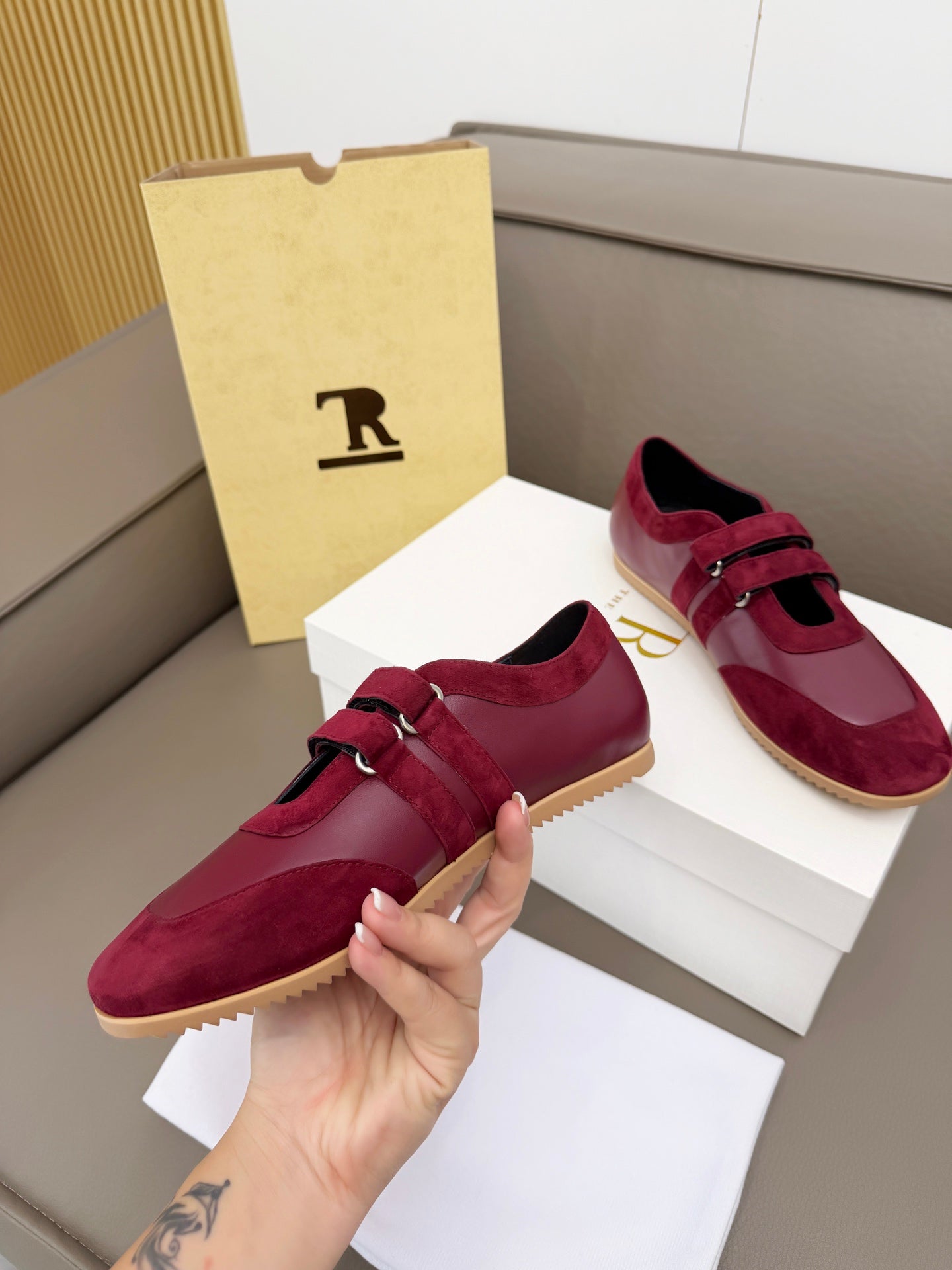 The Row Adjustable Strap Sneakers Burgundy Suede 832656