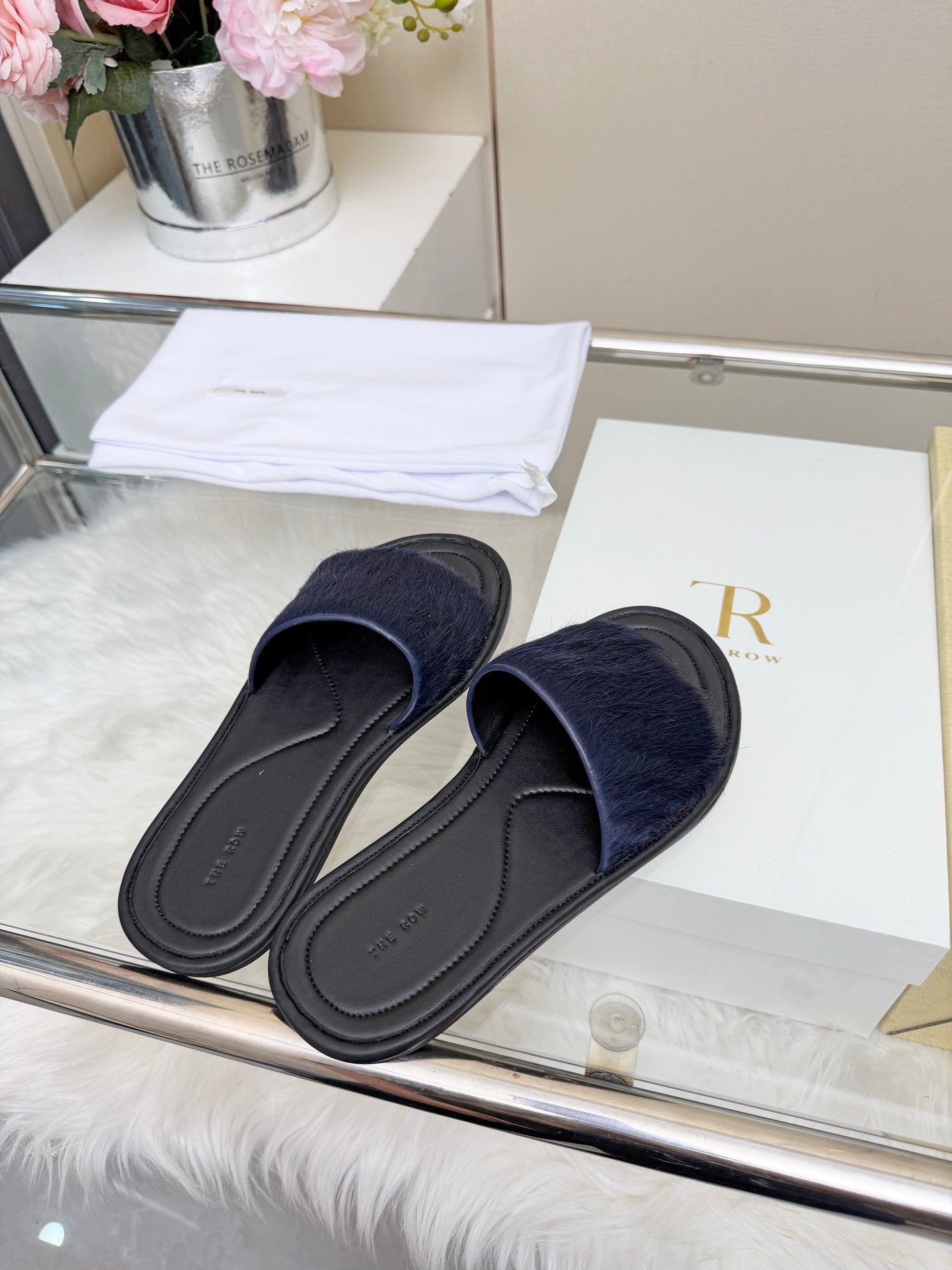 The Row Malick Fur Slide Dark Blue 707546