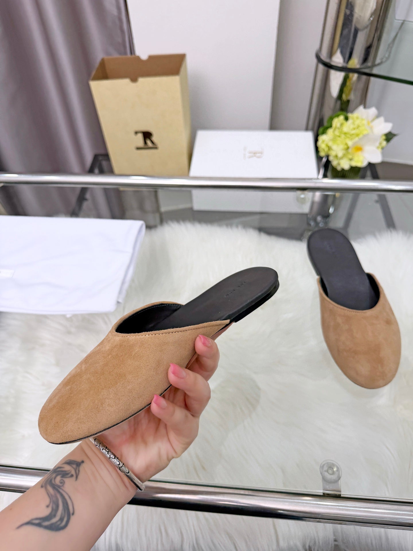 The Row Sleeper Two Slippers Beige Suede 707571