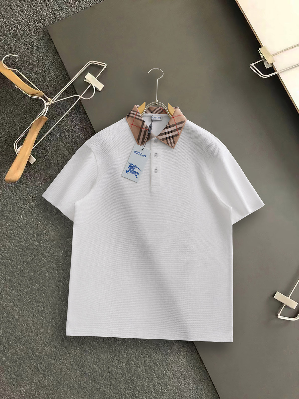 Burberry Men Check Colla Polo Shirt White Cotton