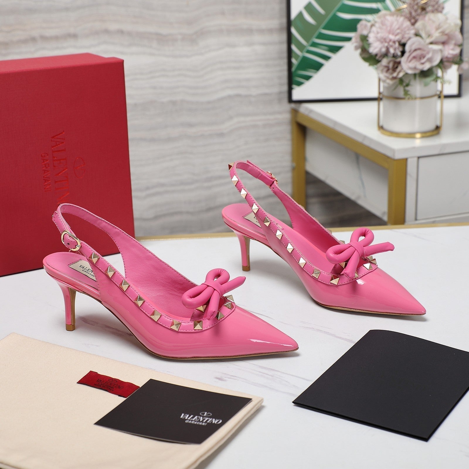 Valentino Rockstud Bow Slingback Fusca Pink Patent Leather Pump 60mm