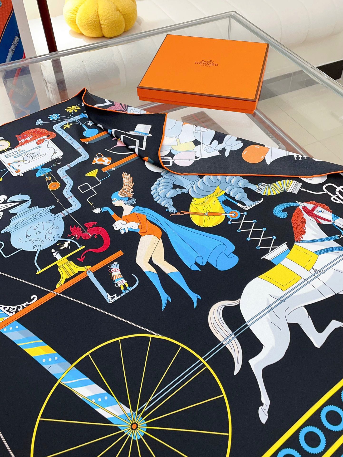 Tea For Two Scarf 90 CM In Black Colorful Silk Twill 296692