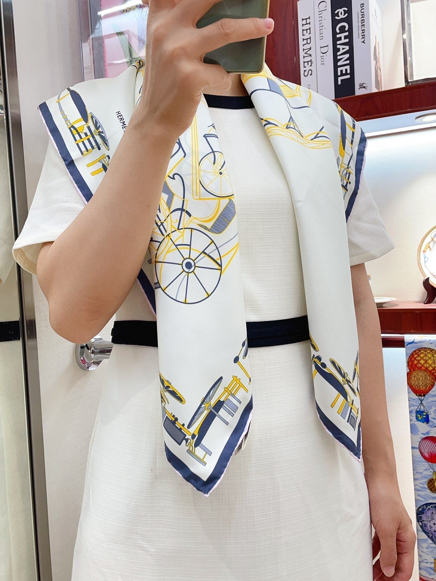 Complication Equestre Scarf 90 CM In White Yellow Coloful Silk Twill 345898