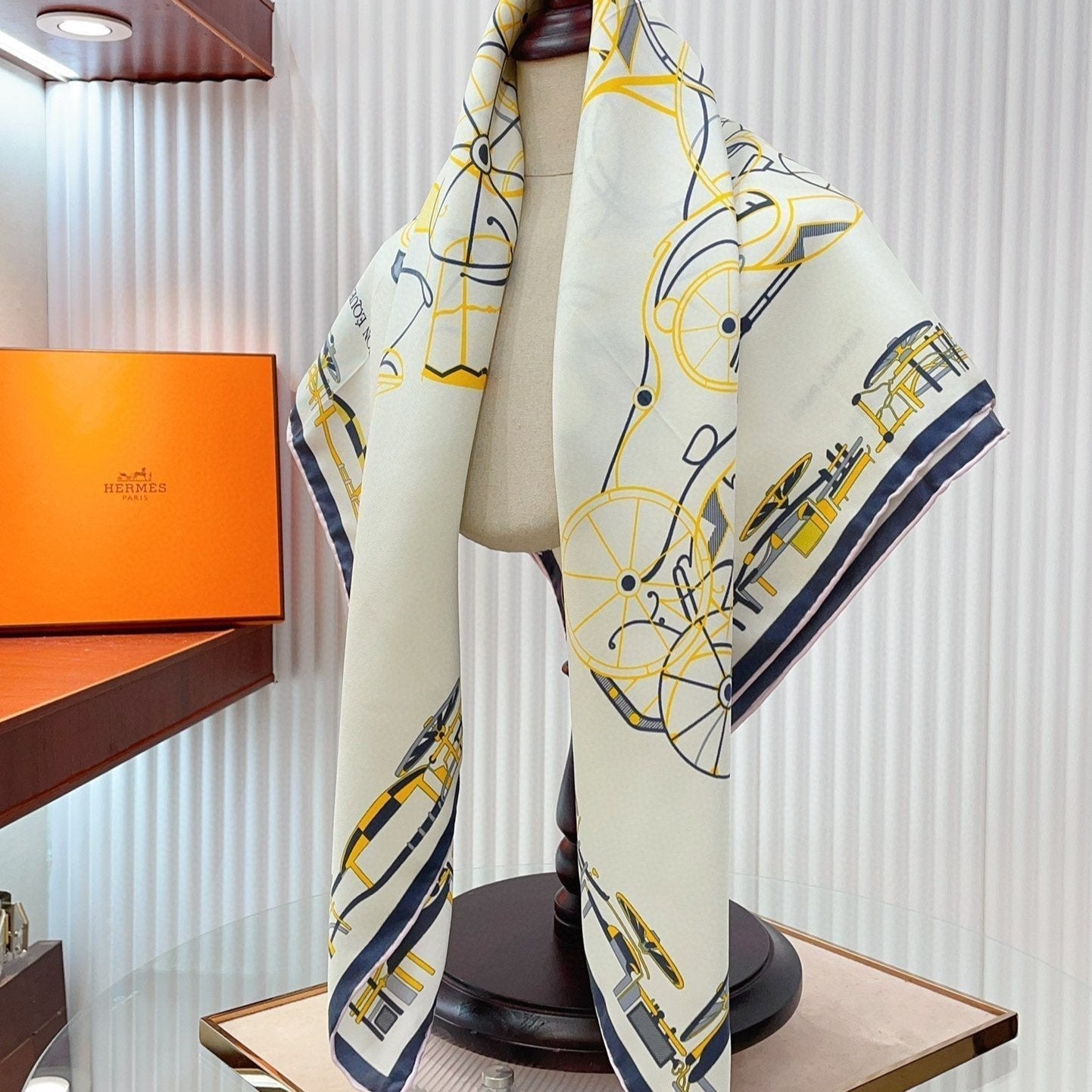 Complication Equestre Scarf 90 CM In White Yellow Coloful Silk Twill 345898