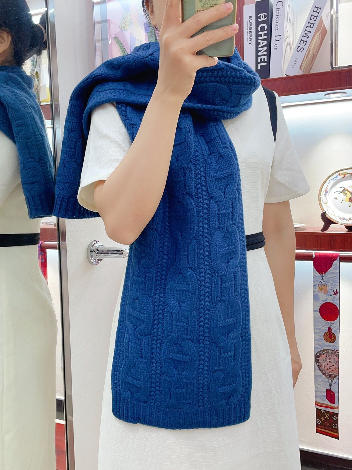 Faubourg Muffler Scarf 170 CM Blue Cashmere Handwoven 356202
